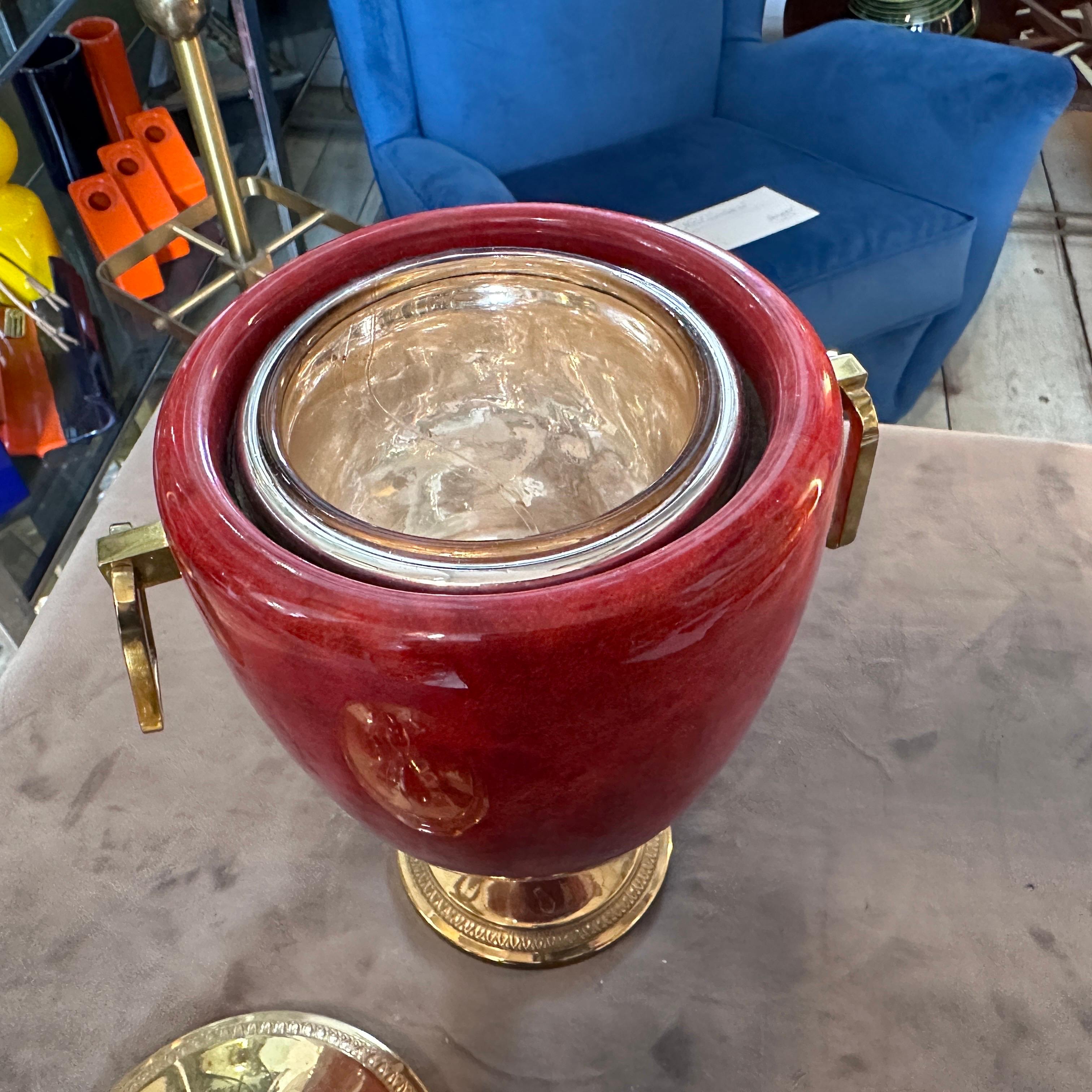 Mid-Century Modern Red Coral Goatskin and Brass Ice Bucket by Aldo Tura, 1950s For Sale 3