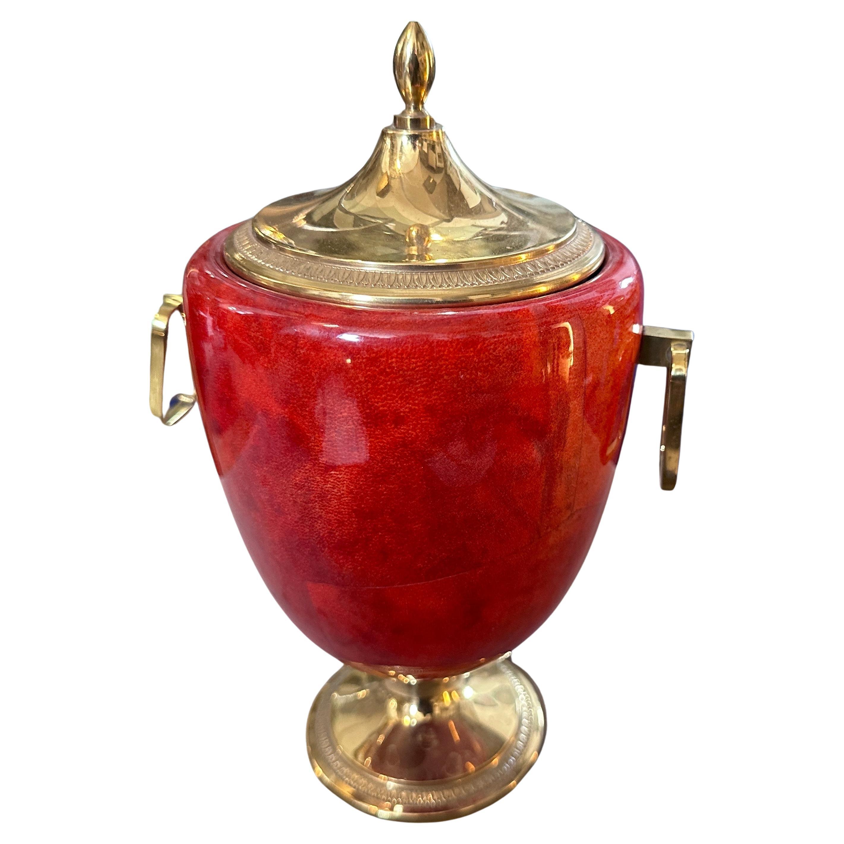 Mid-Century Modern Red Coral Goatskin and Brass Ice Bucket by Aldo Tura, 1950s