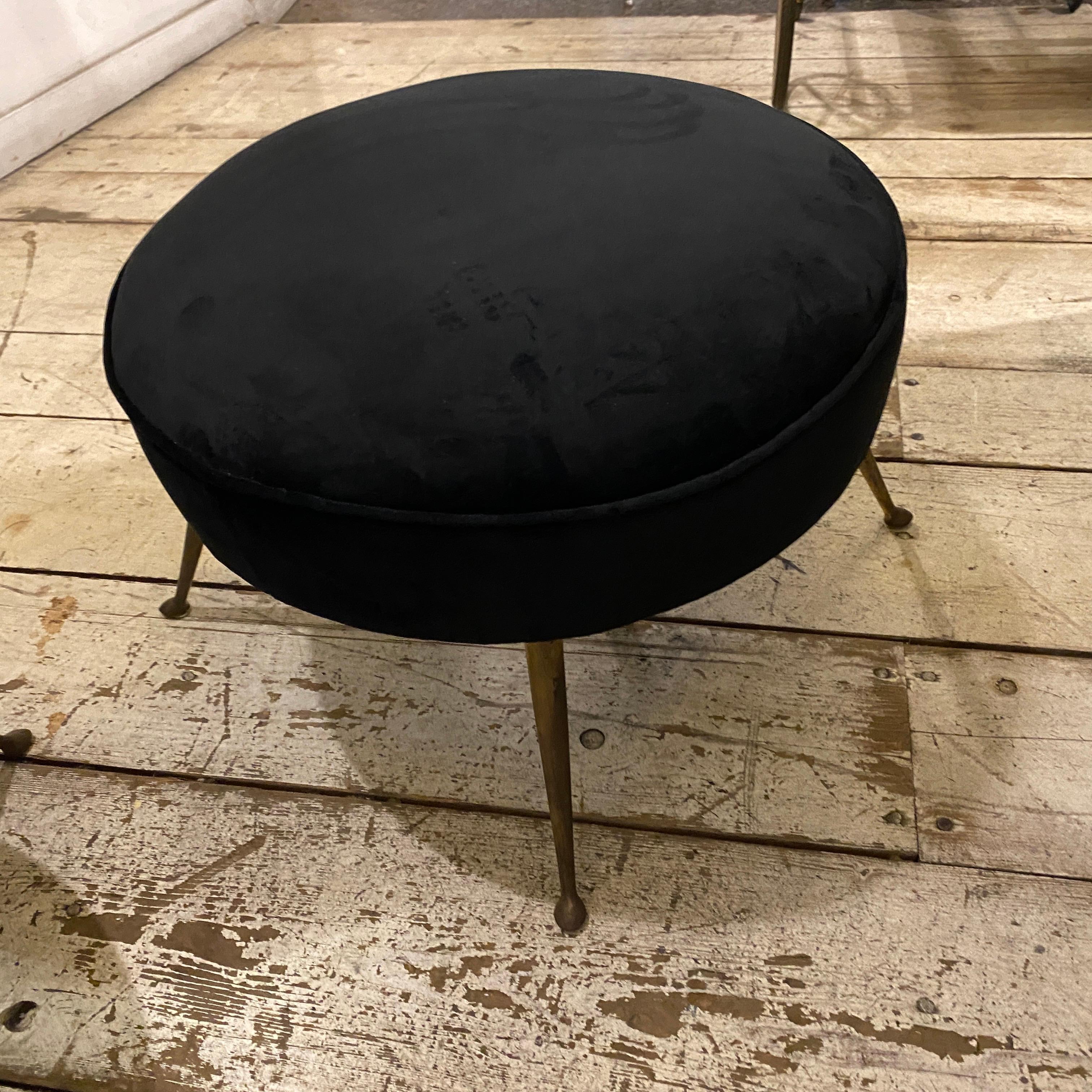 1950s Mid-Century Modern Set of Two Brass and Black Velvet Italian Poufs 4