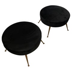 1950s Mid-Century Modern Set of Two Brass and Black Velvet Italian Poufs