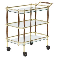 Vintage 1950's Mid-Century Modern Solid Brass And Walnut 3 Tier Italian Bar Cart