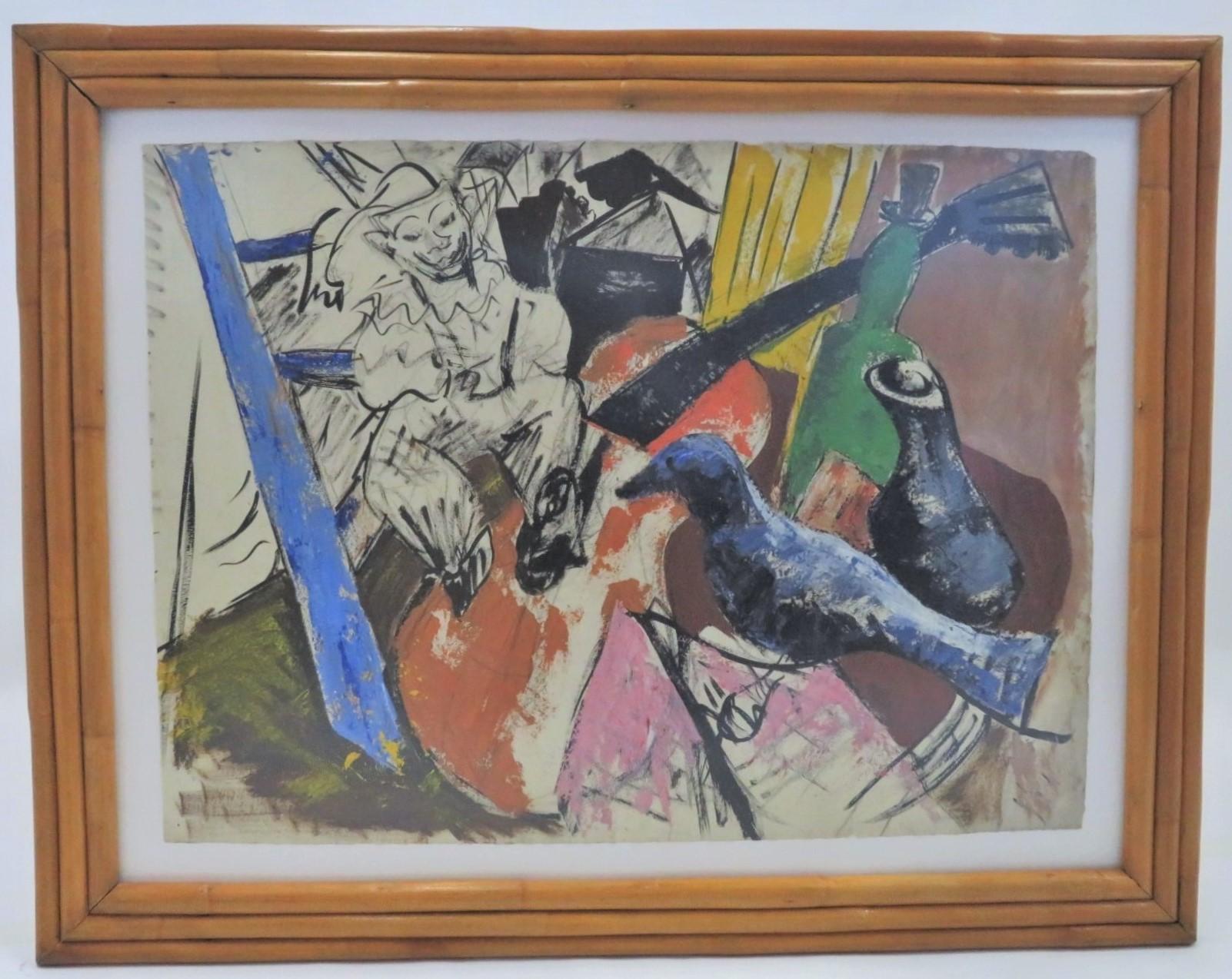 Mid-Century Modern Surreal creation by an anonymous New York artist from the 1950s.  The work depicts a surreal scene with doll or puppet, bird, guitar, bottles in a palette of yellow, blues, pink, tan, brown, green with heavy black outlines.  The