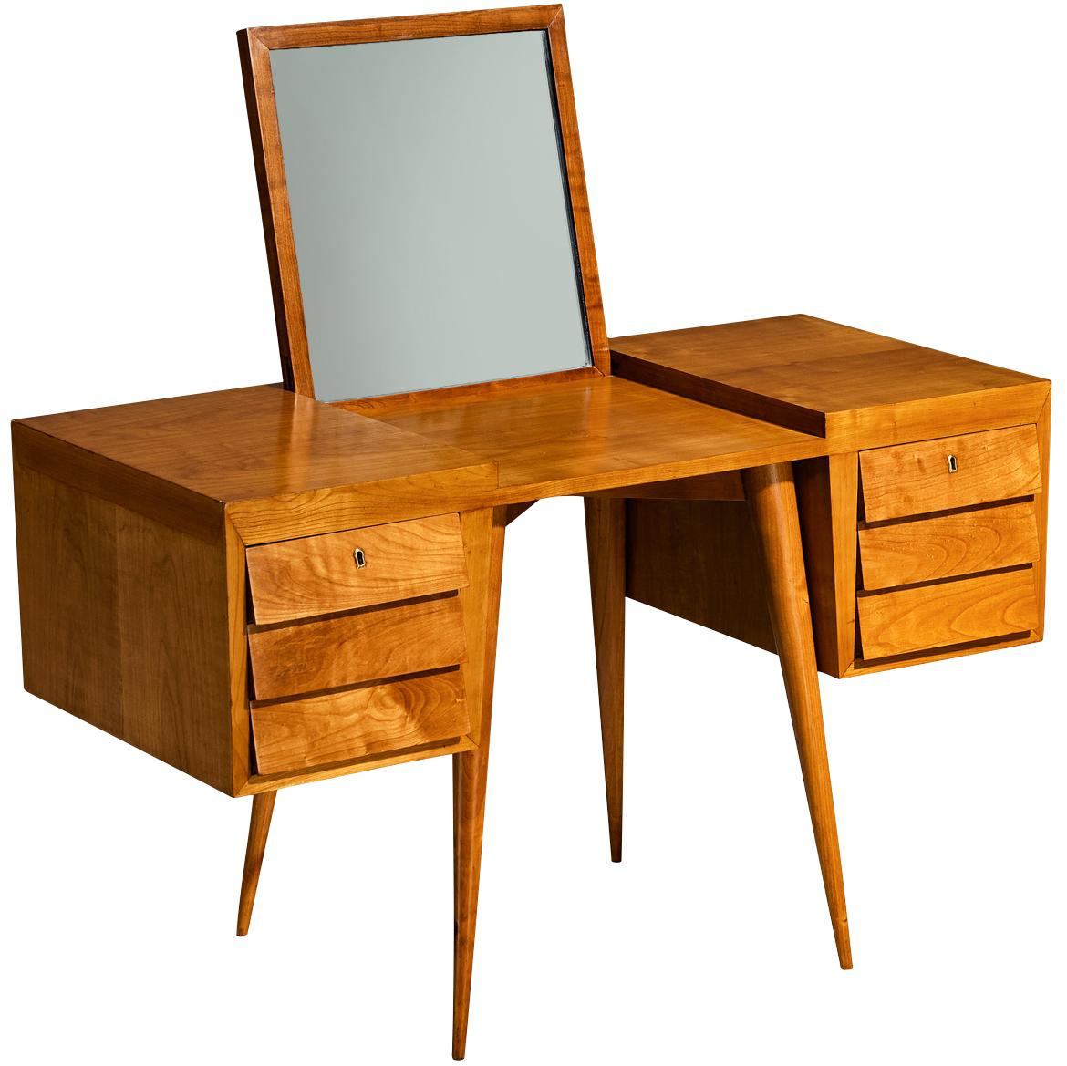 1950s Mid-Century Modern Vanity Table with Mirror in Cherry