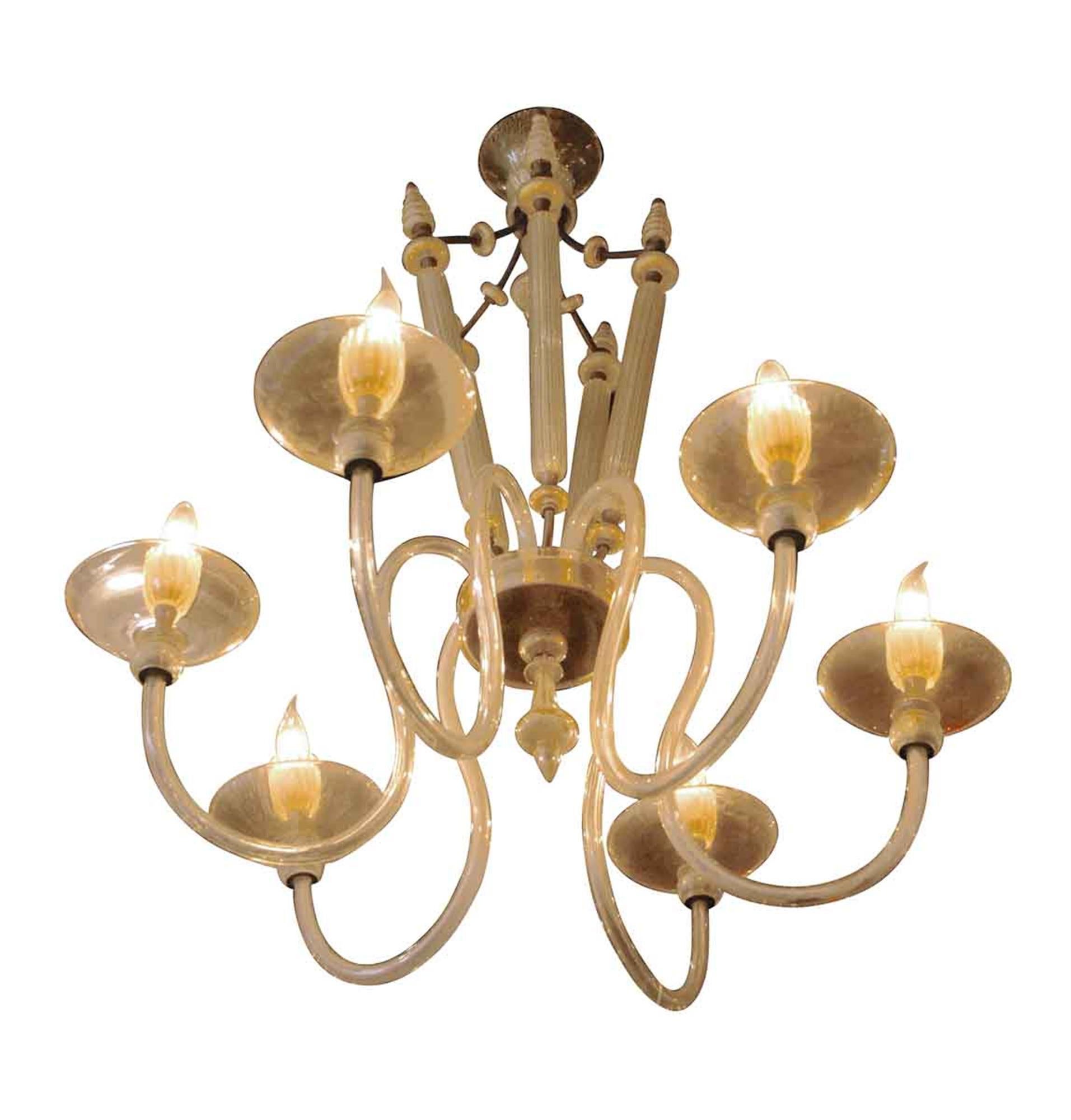 Original Mid-Century Modern Venini 1950s six-light fixture. This chandelier has beehive shaped hand blown glass doodads and cylinders. Please note, this item is located in one of our NYC locations.