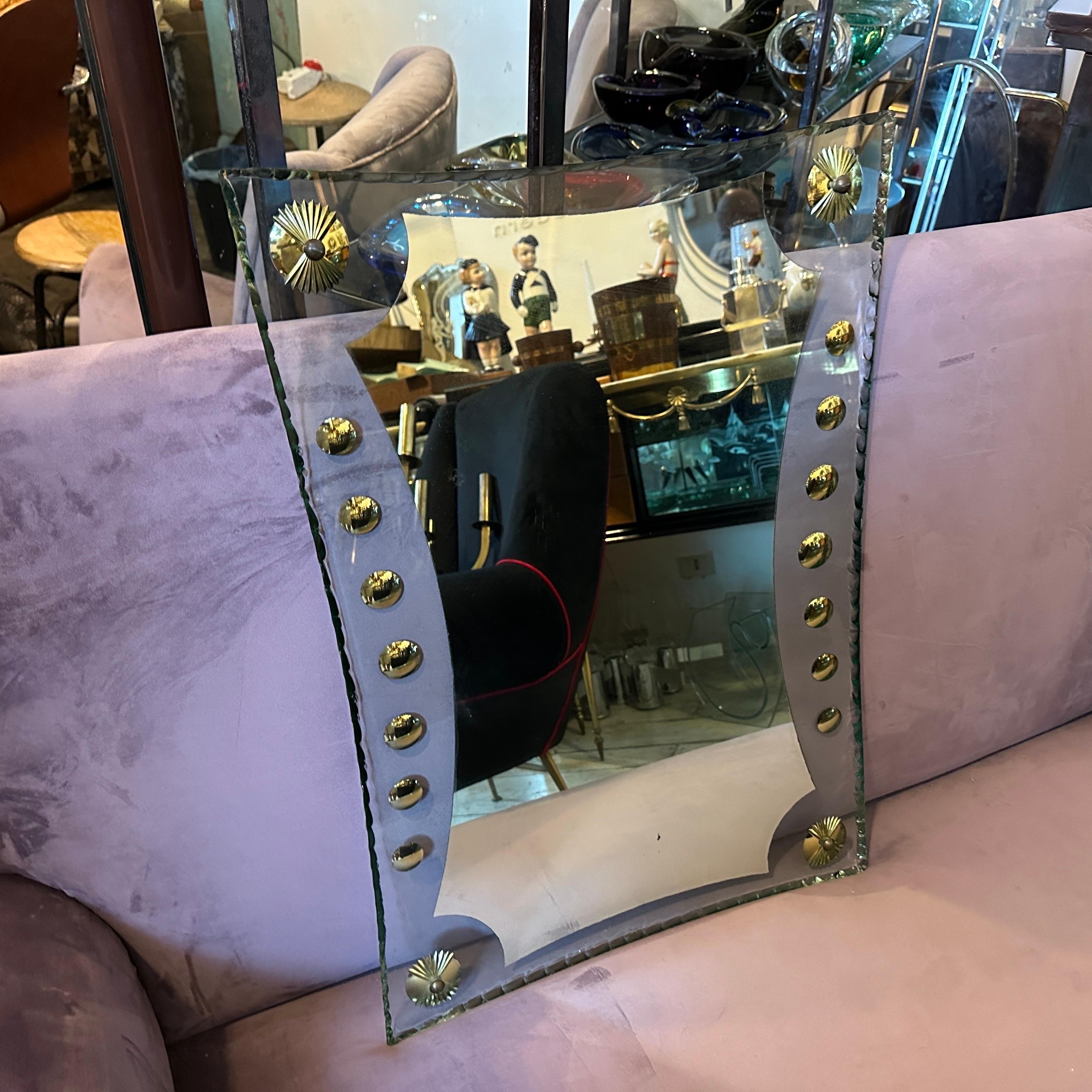 1950s Mid-Century Modern Verde Nilo Glass and Brass Wall Mirror by Cristal Arte For Sale 9