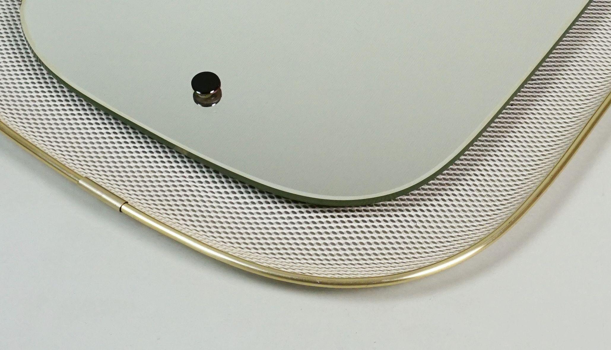 1950's mid century modern WALL MIRROR with wire mesh frame and brass ...