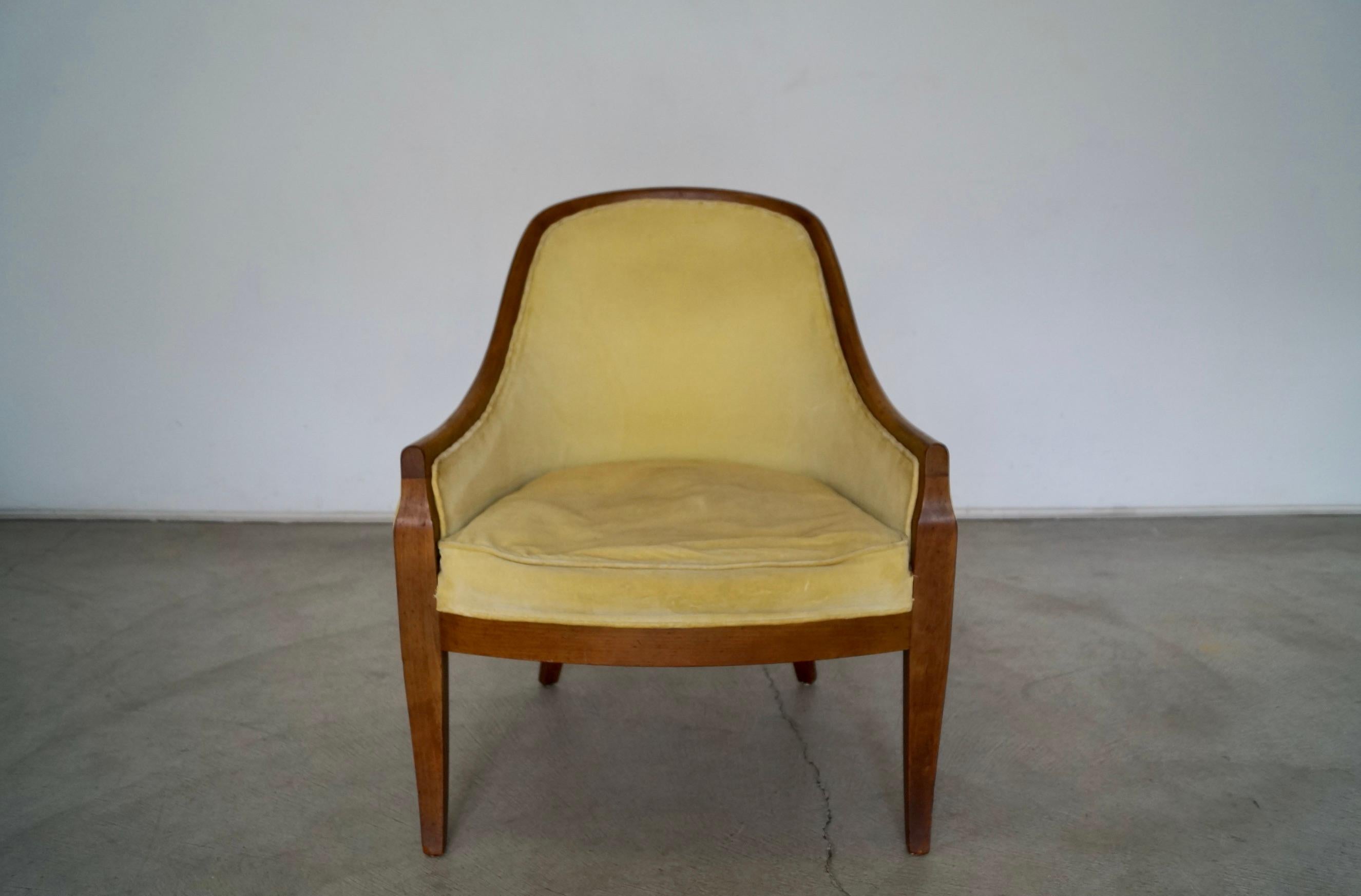 1950's Mid-Century Modern Walnut Trim Armchair In Distressed Condition For Sale In Burbank, CA