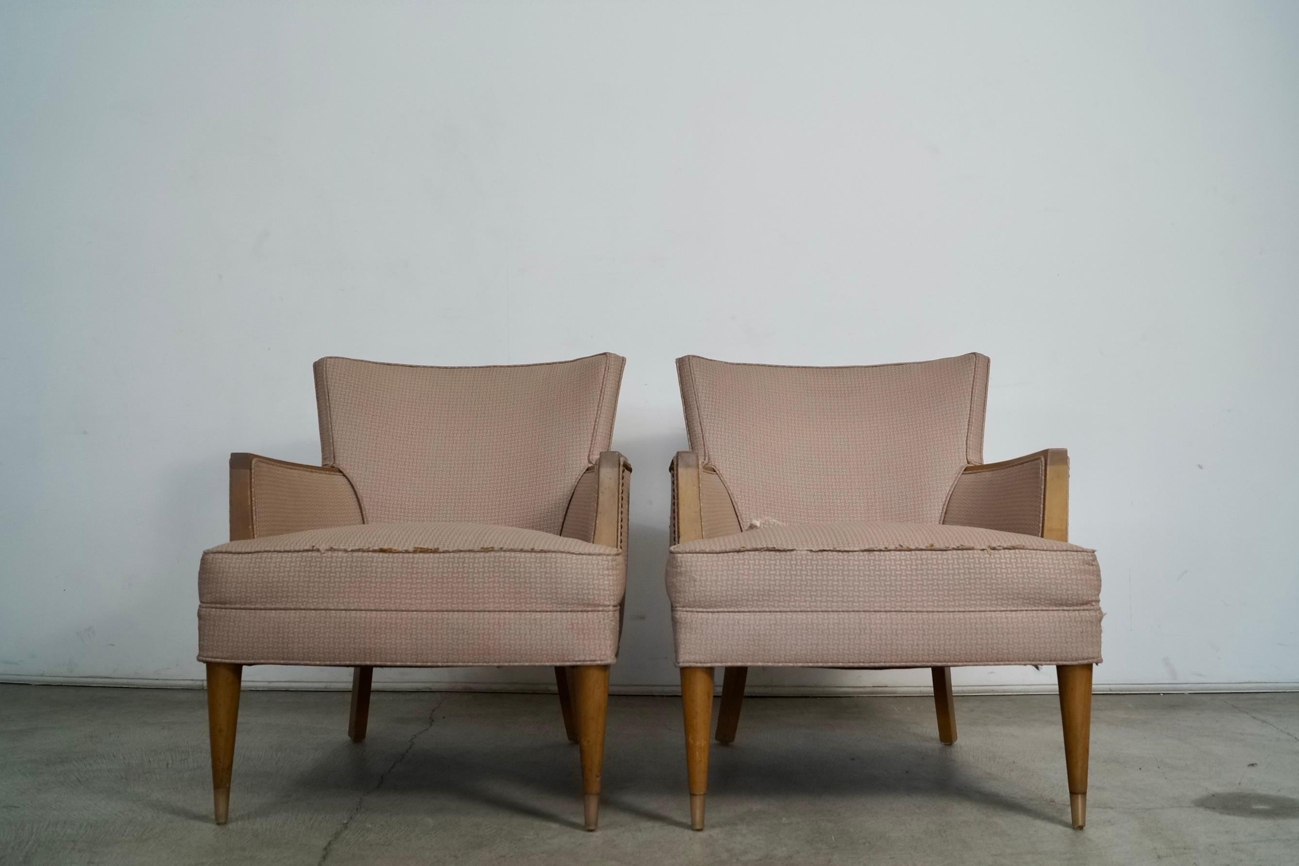 1950's Mid-Century Modern Wood Trimmed Club Armchairs - A Pair In Fair Condition For Sale In Burbank, CA