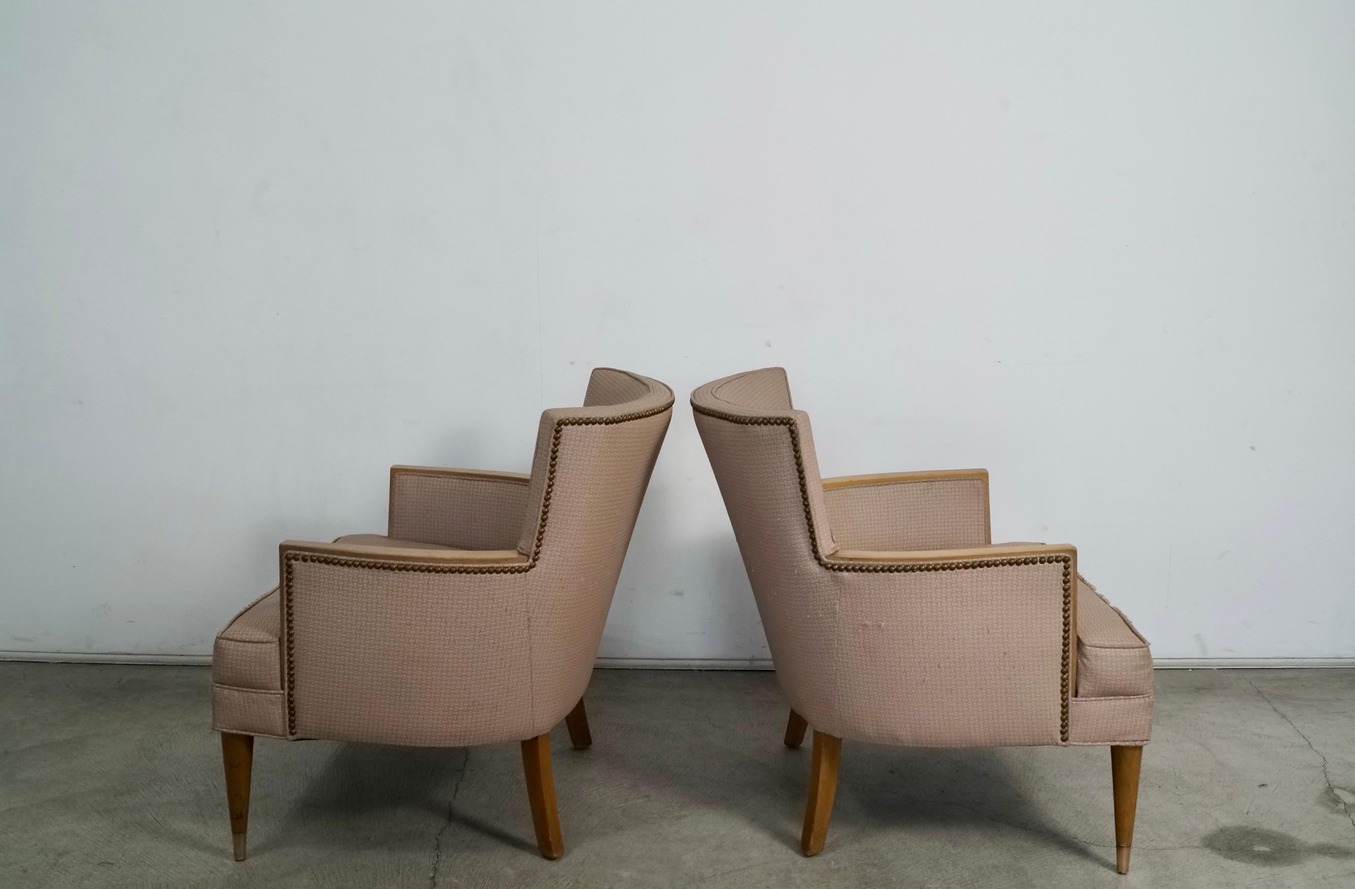 Brass 1950's Mid-Century Modern Wood Trimmed Club Armchairs - A Pair For Sale