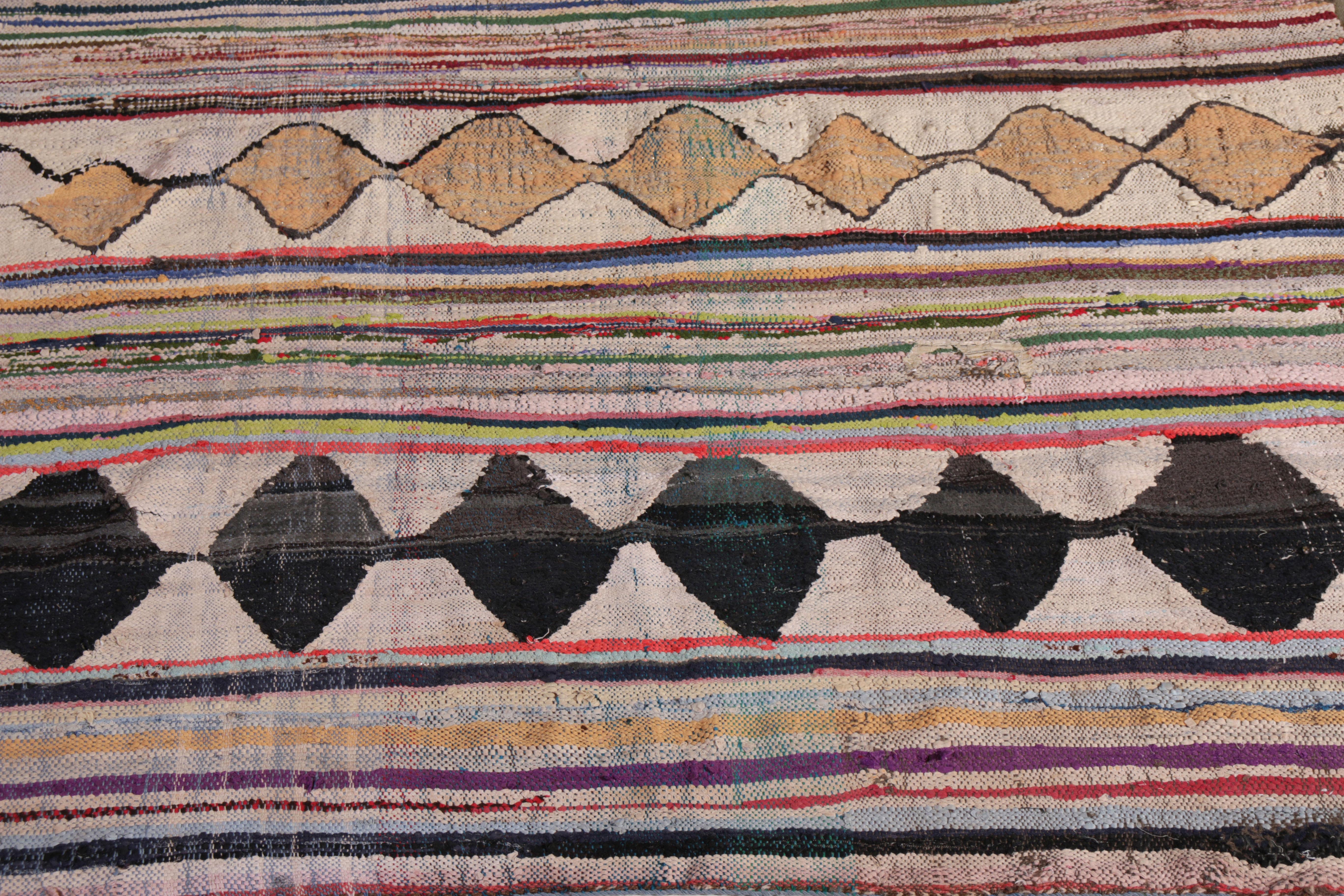 Hand-Woven 1950s Midcentury Moroccan Flat-Weave Beige Pink Striped Diamond Tribal Kilim