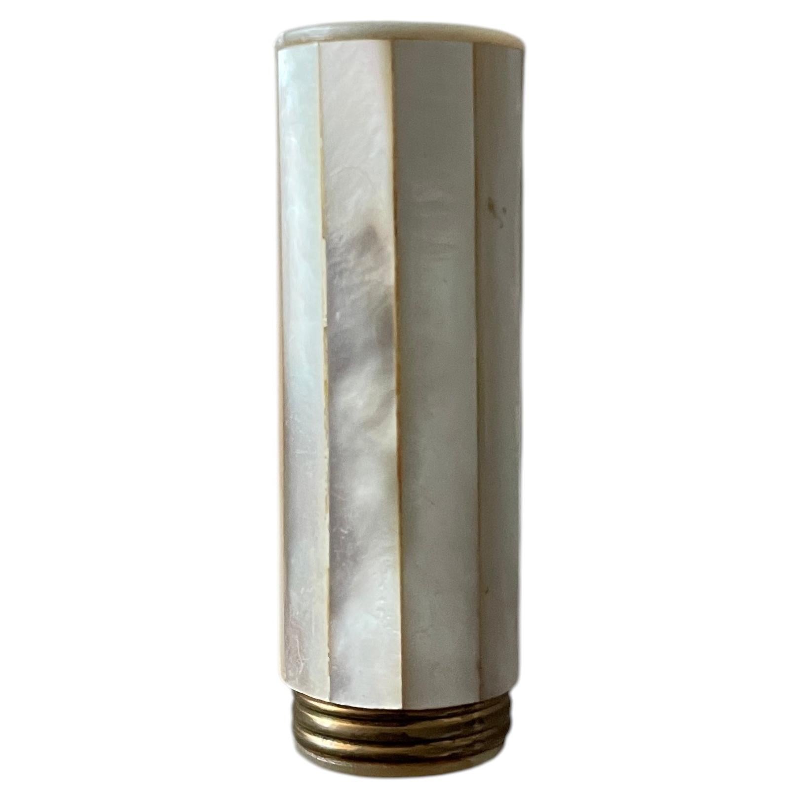 1950s Mid-Century Mother of Pearl Inlay Refillable Brass Lipstick Holder For Sale