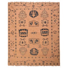 1950s Mid-Century Oushak Rug Peach Blue Geometric Vintage Pattern