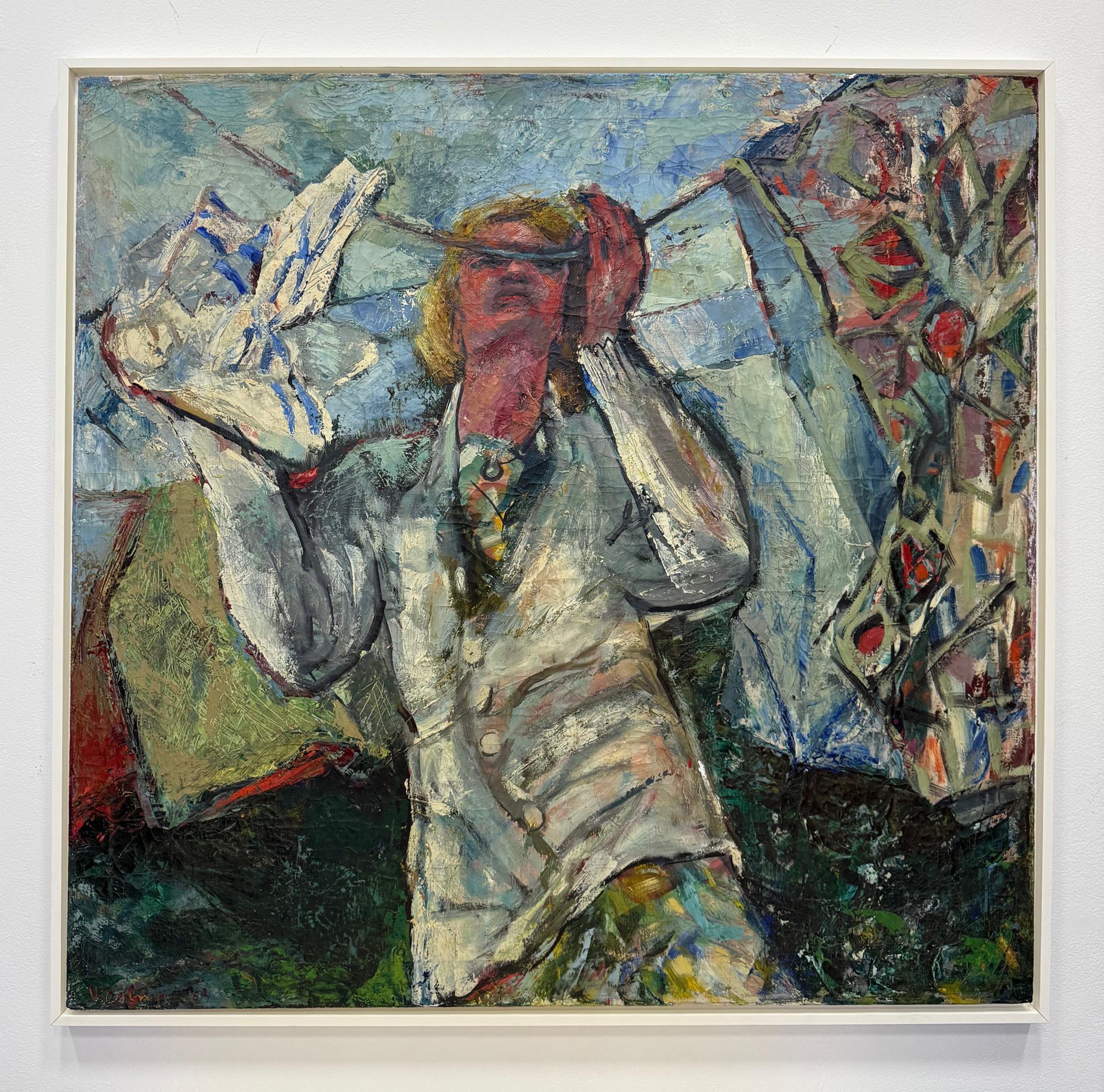 1950er Jahre Mitte des Jahrhunderts übergroßes abstraktes Ölgemälde einer Frau, neu gerahmt (Handbemalt) im Angebot