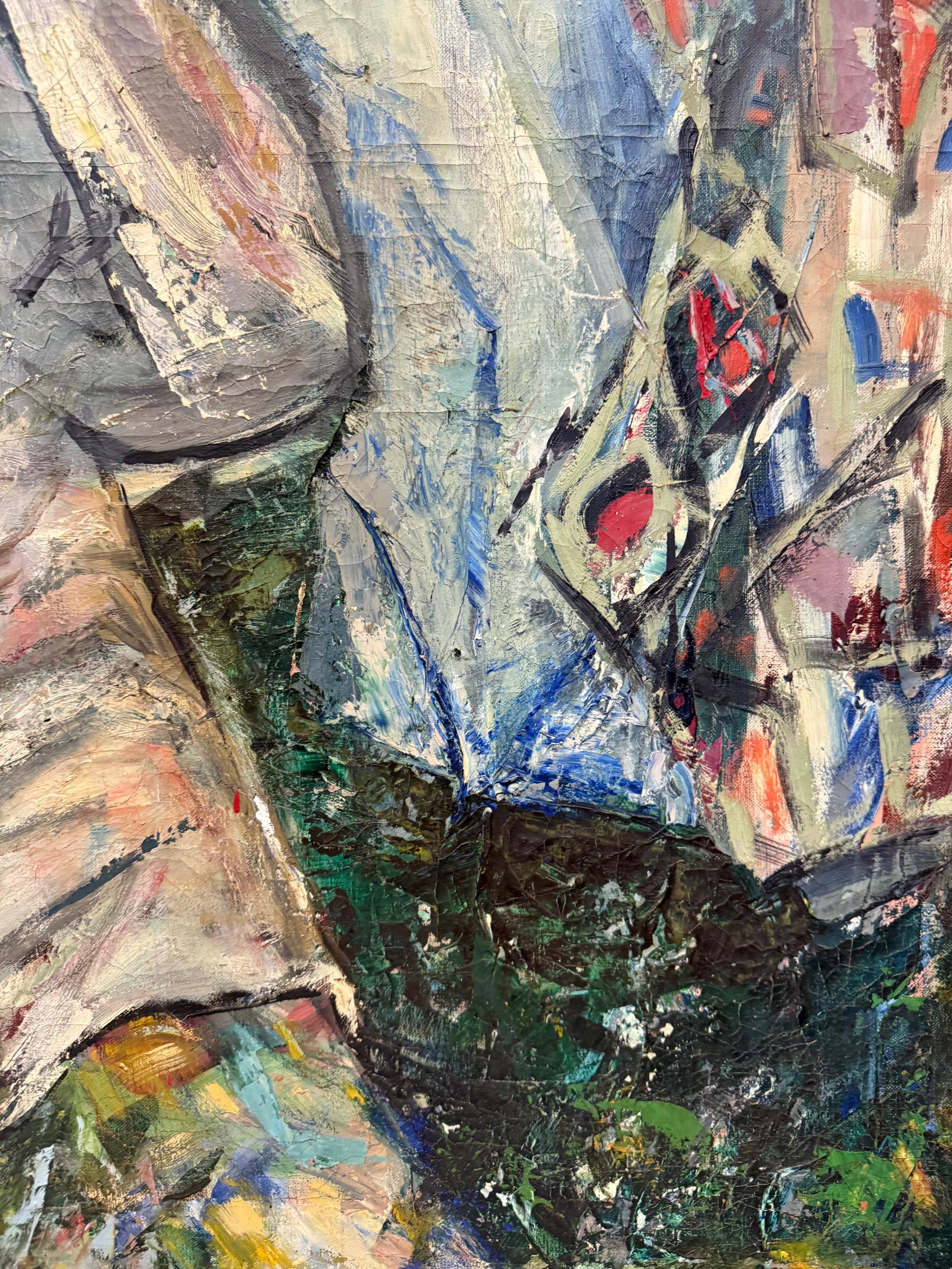 1950er Jahre Mitte des Jahrhunderts übergroßes abstraktes Ölgemälde einer Frau, neu gerahmt im Zustand „Gut“ im Angebot in Miami, FL