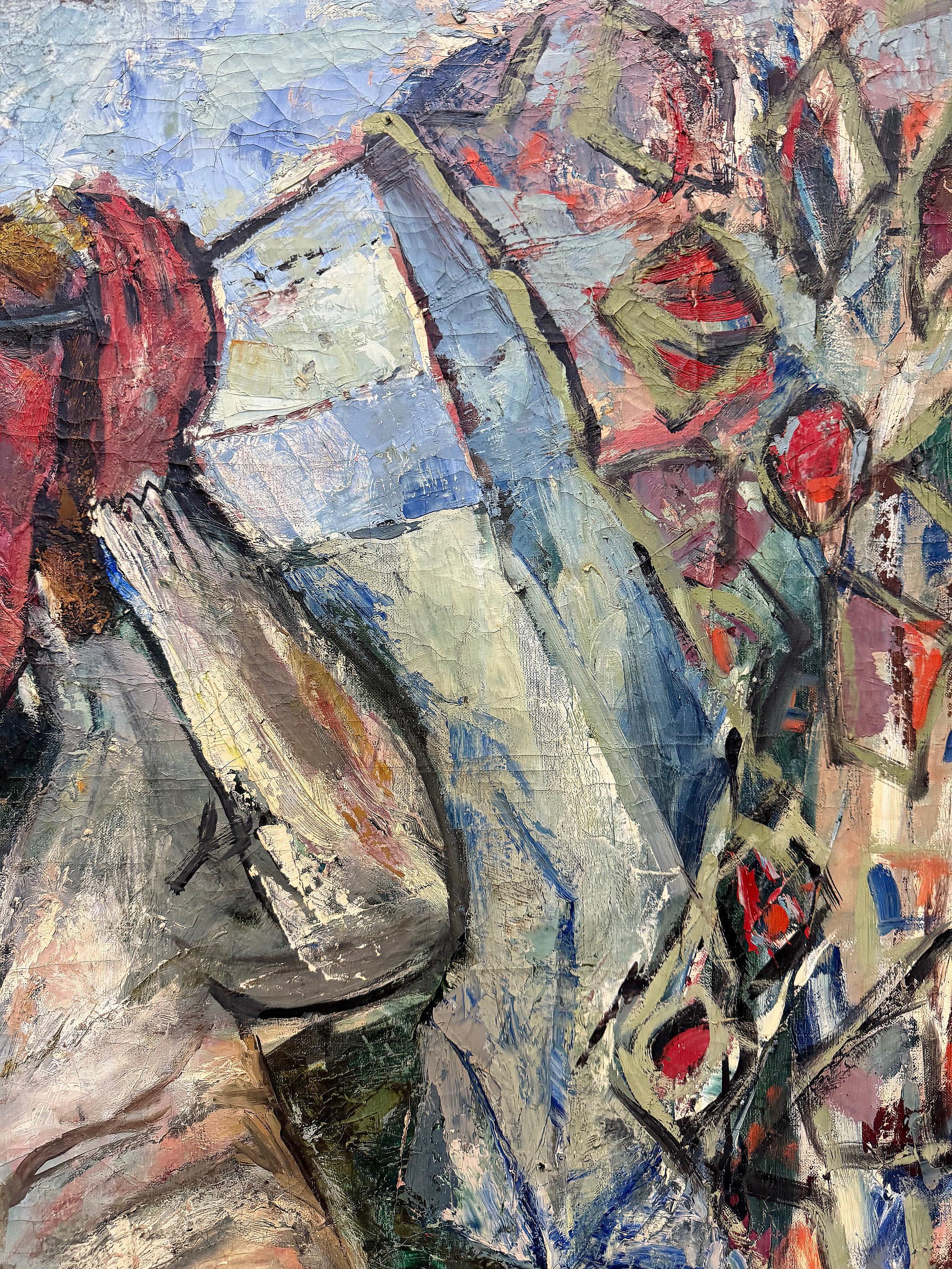 1950er Jahre Mitte des Jahrhunderts übergroßes abstraktes Ölgemälde einer Frau, neu gerahmt (Leinwand) im Angebot