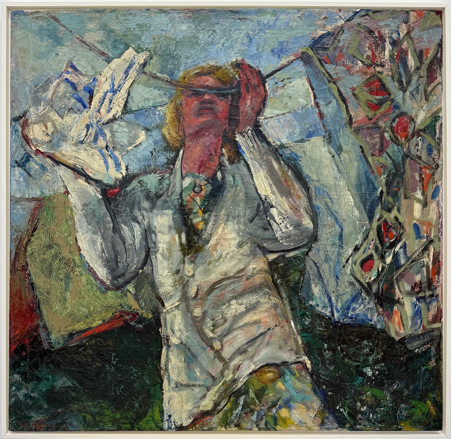 1950er Jahre Mitte des Jahrhunderts übergroßes abstraktes Ölgemälde einer Frau, neu gerahmt im Angebot 1