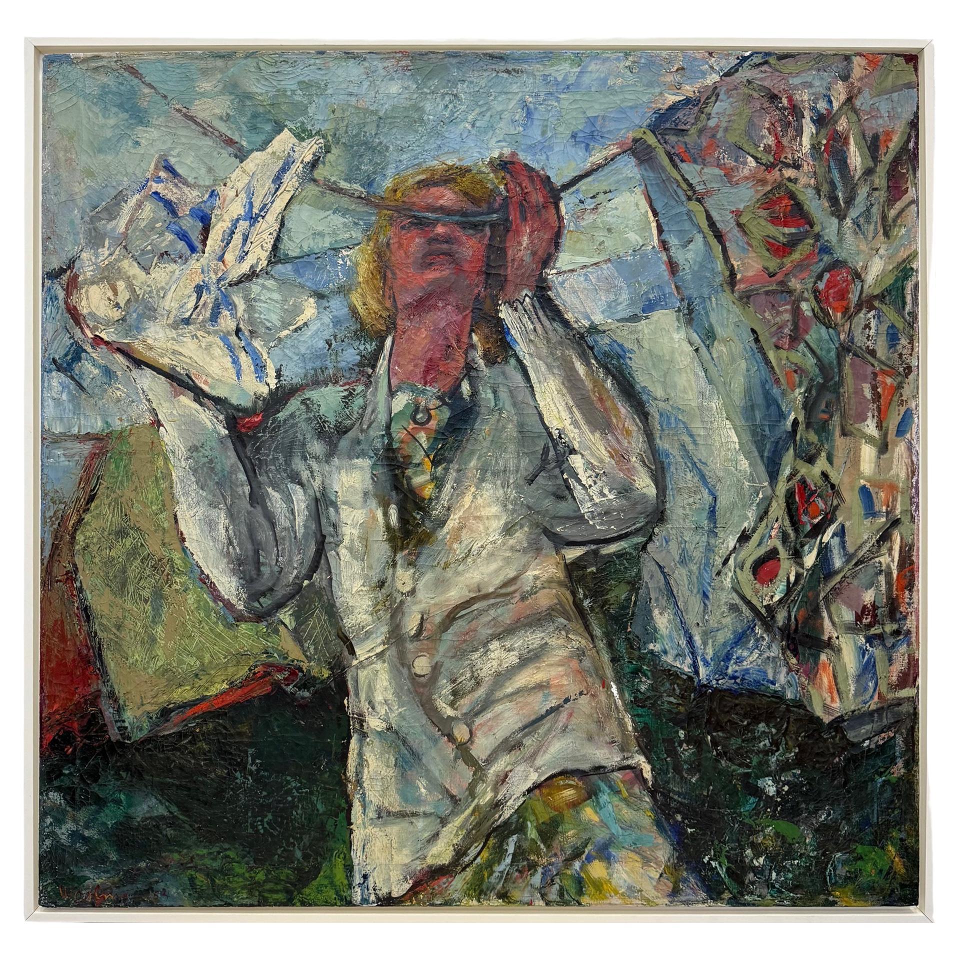 1950er Jahre Mitte des Jahrhunderts übergroßes abstraktes Ölgemälde einer Frau, neu gerahmt im Angebot