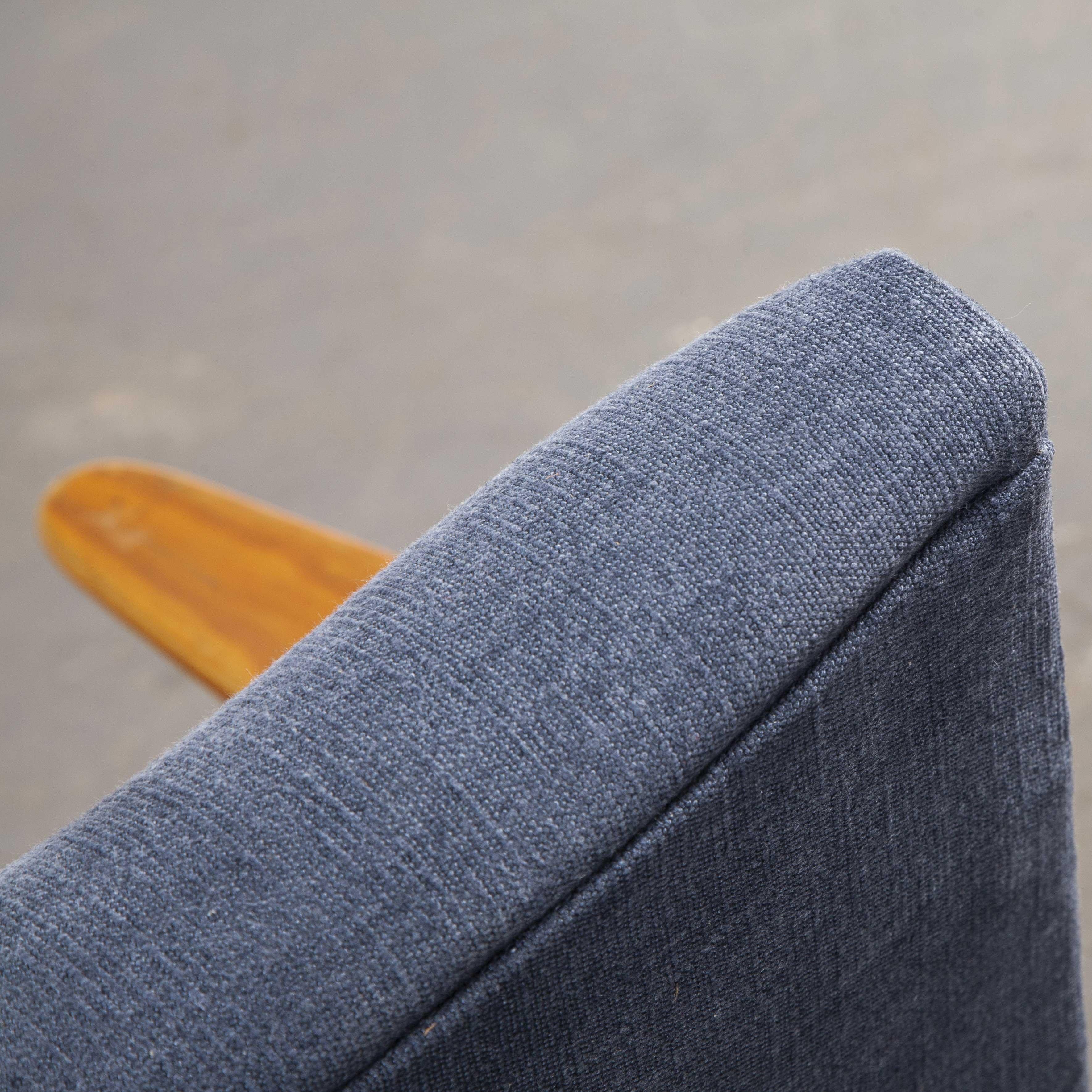 1950s midcentury pair of armchairs – Blue cotton linen upholstery

1950s midcentury pair of armchairs – blue cotton linen upholstery. Sourced in Scandinavia this is a fully restored pair of midcentury armchairs. The frame is beech throughout and