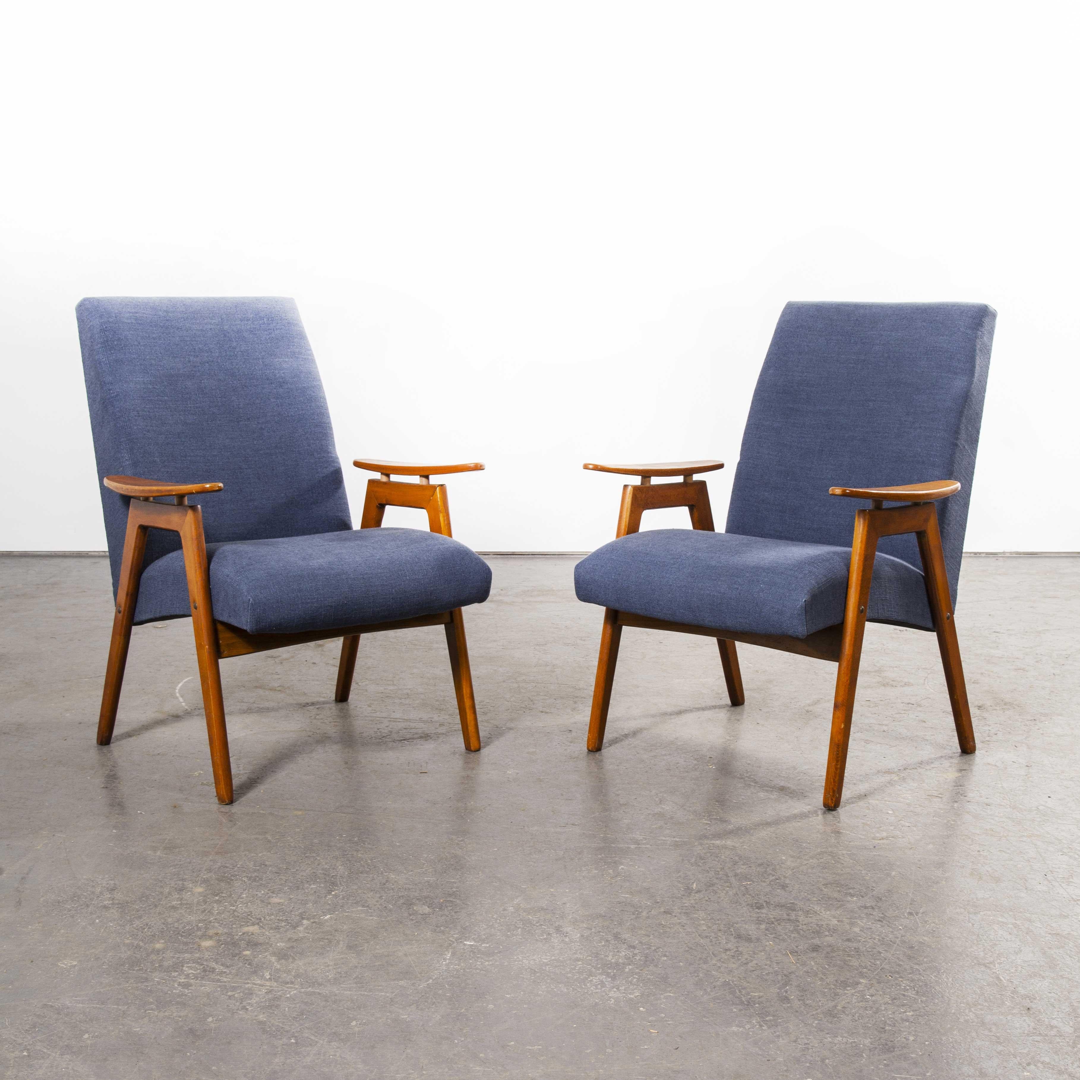Scandinavian 1950s Midcentury Pair of Armchairs, Blue Cotton Linen Upholstery