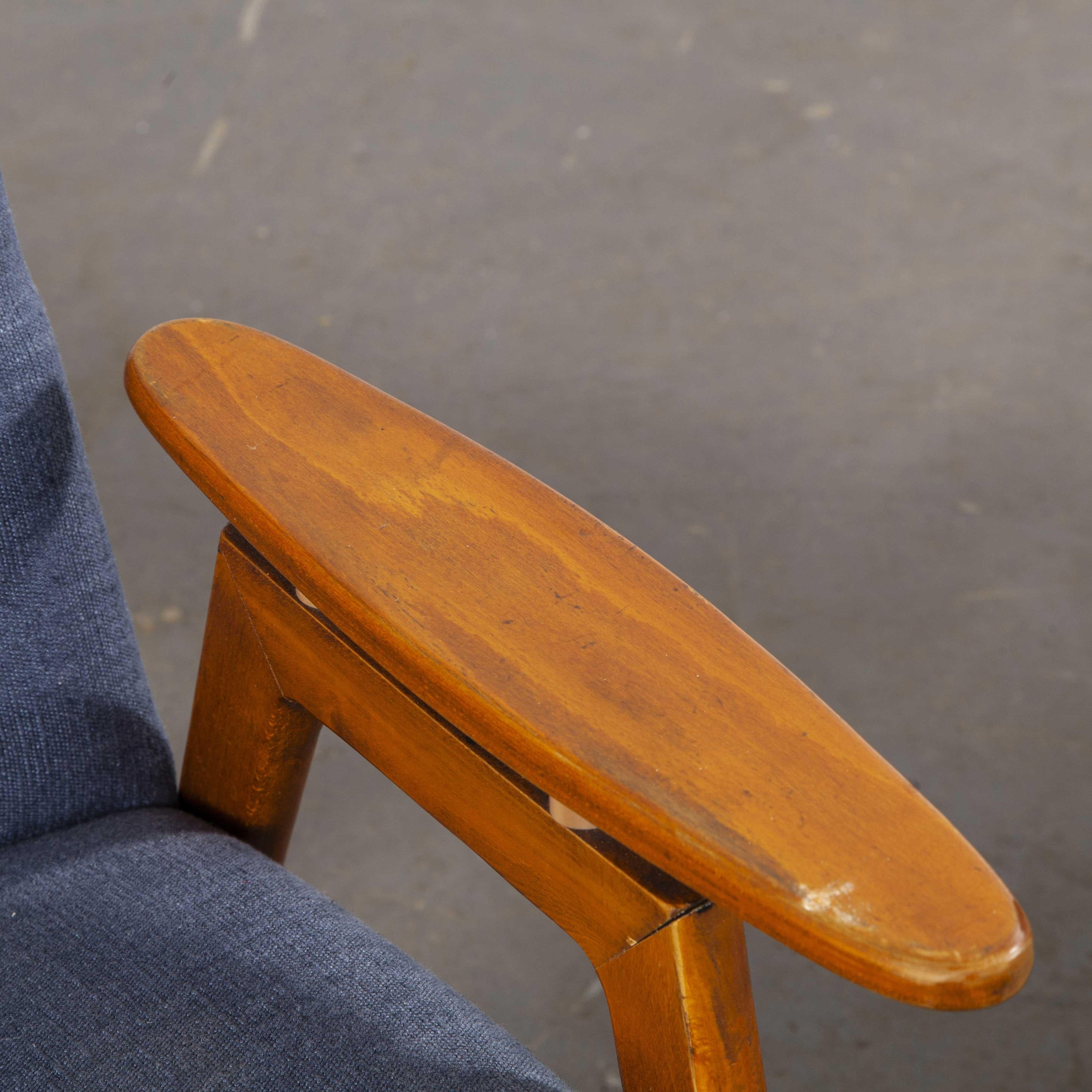 1950s Midcentury Pair of Armchairs, Blue Cotton Linen Upholstery 2