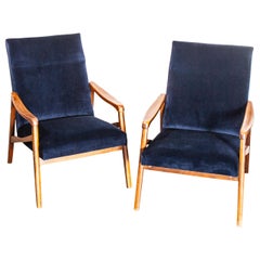 1950s Midcentury Pair of Armchairs, Blue Velvet Upholstery