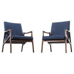 1950s Mid Century Pair of Armchairs, Blue Velvet Upholstery
