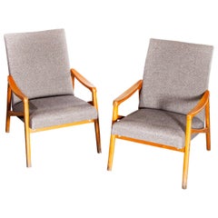 1950s Midcentury Pair of Armchairs, Grey Herringbone Wool Upholstery