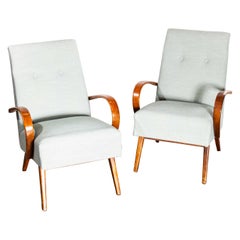 1950s Midcentury Pair of Armchairs, Light Blue Cotton Linen Upholstery