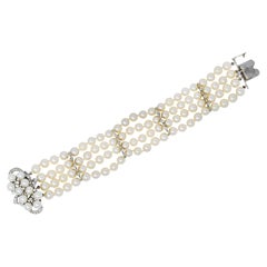 Vintage 1950's Mid-Century Pearl 1.25 Carats Diamond 14 Karat White Gold  Bracelet