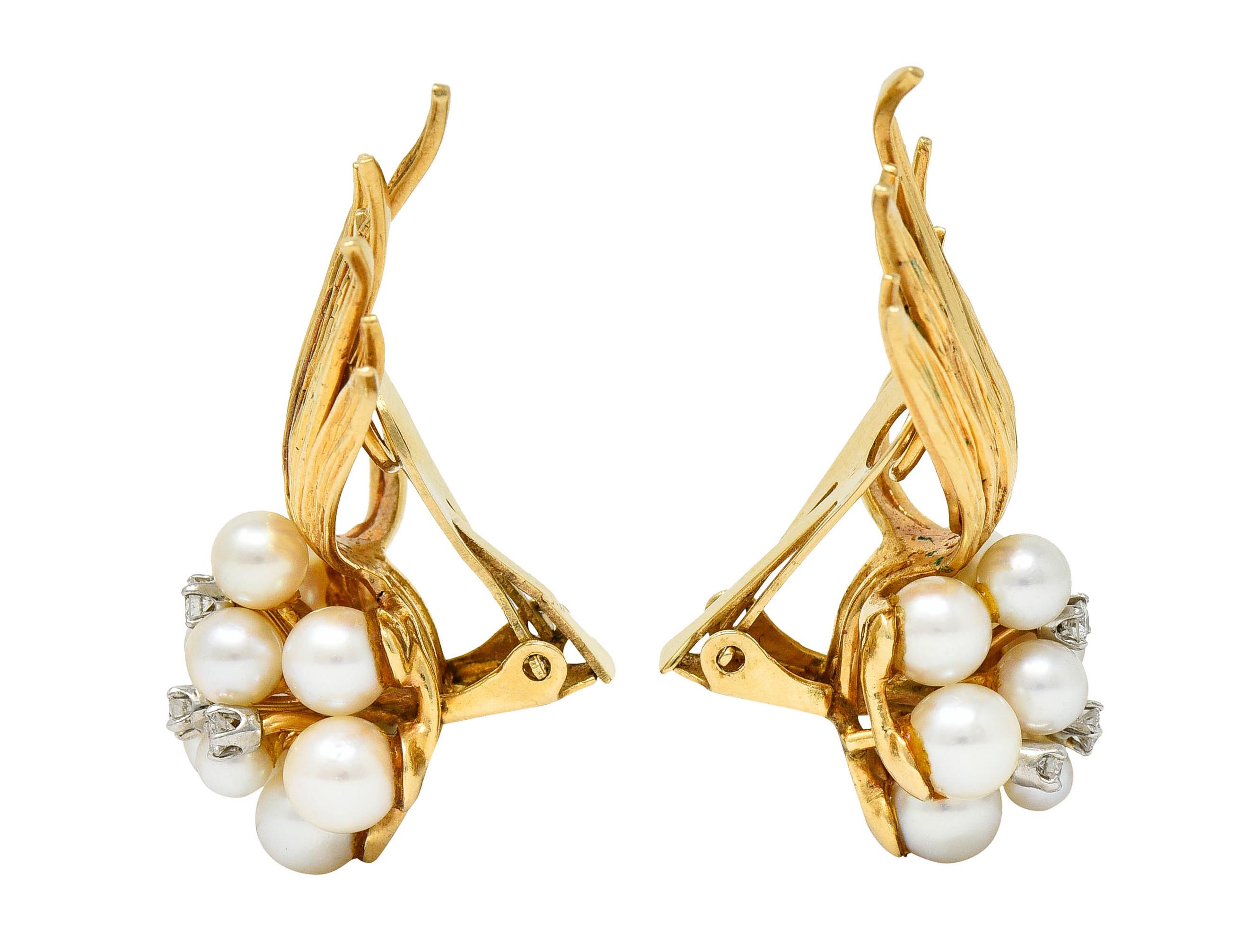 Ear-clips are designed as pearl clusters paired with scrolling texturous gold tendrils

Pearls are very well matched - cream in body color with strong rosè overtones

Measuring from 5.0 mm to 3.0 mm with very good to excellent luster

Accented by