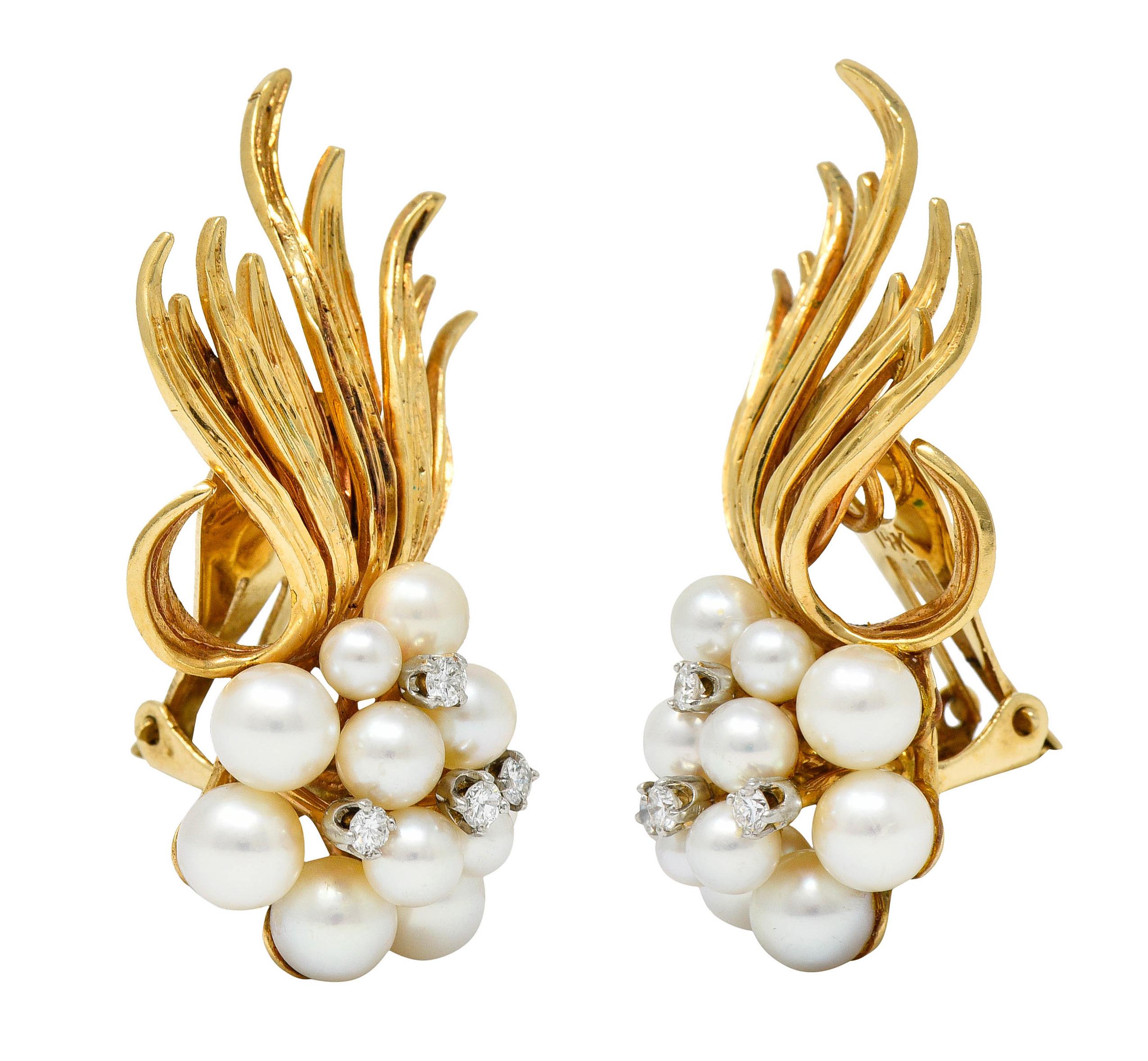 Women's or Men's 1950's Mid-Century Pearl Diamond 14 Karat Gold Cluster Ear-Clip Earrings