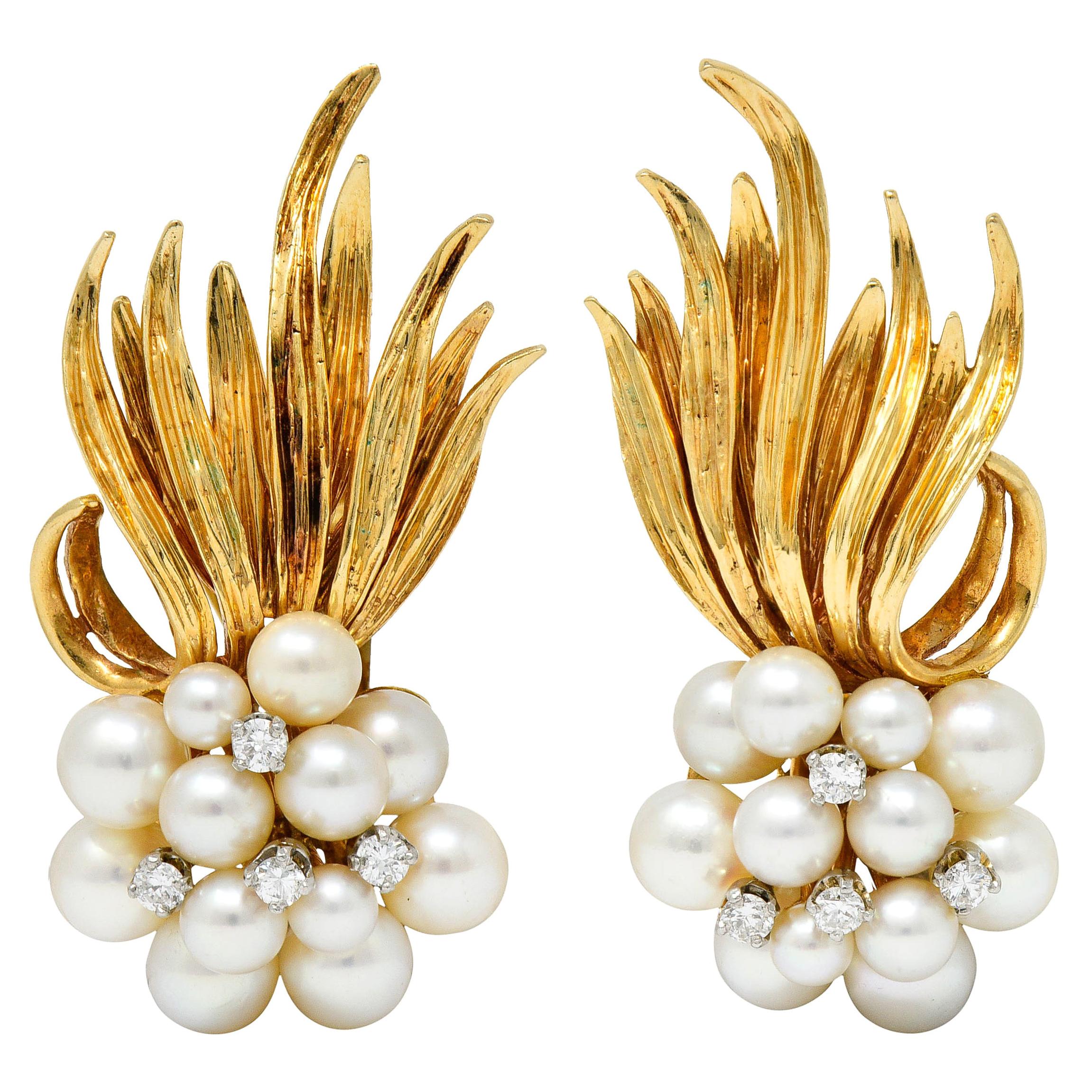 1950's Mid-Century Pearl Diamond 14 Karat Gold Cluster Ear-Clip Earrings
