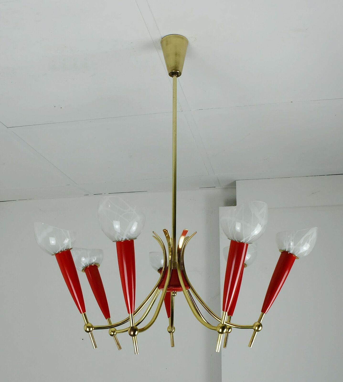 1950s Mid Century Pendant Light Brass 7 Glass Shades In Good Condition For Sale In Mannheim, DE