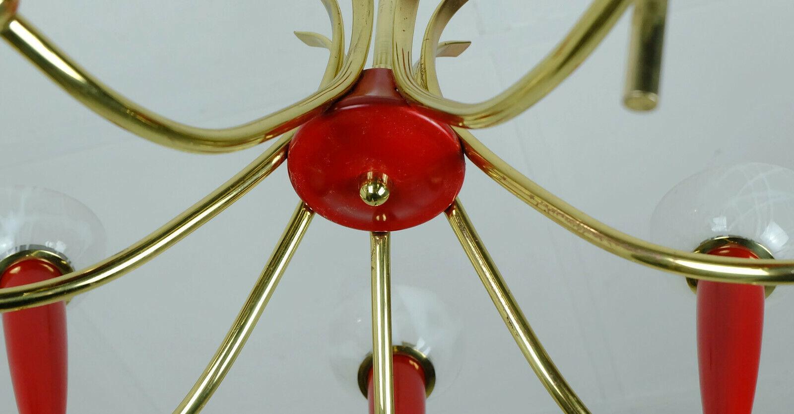 Mid-20th Century 1950s Mid Century Pendant Light Brass 7 Glass Shades For Sale