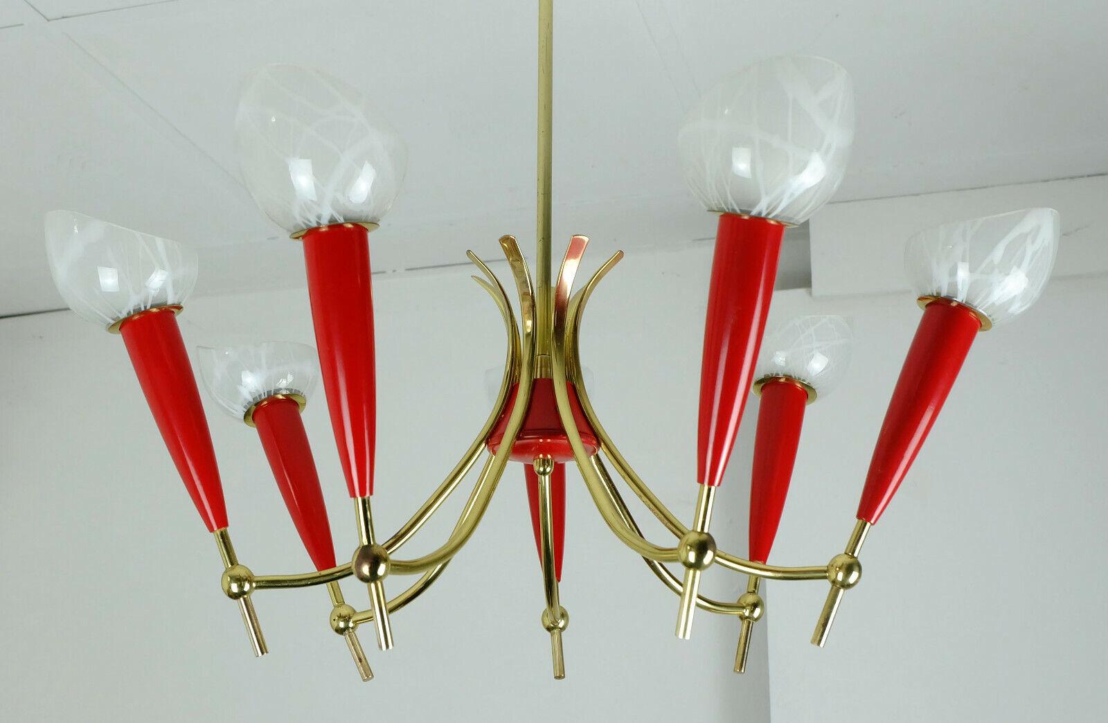1950s Mid Century Pendant Light Brass 7 Glass Shades For Sale 2