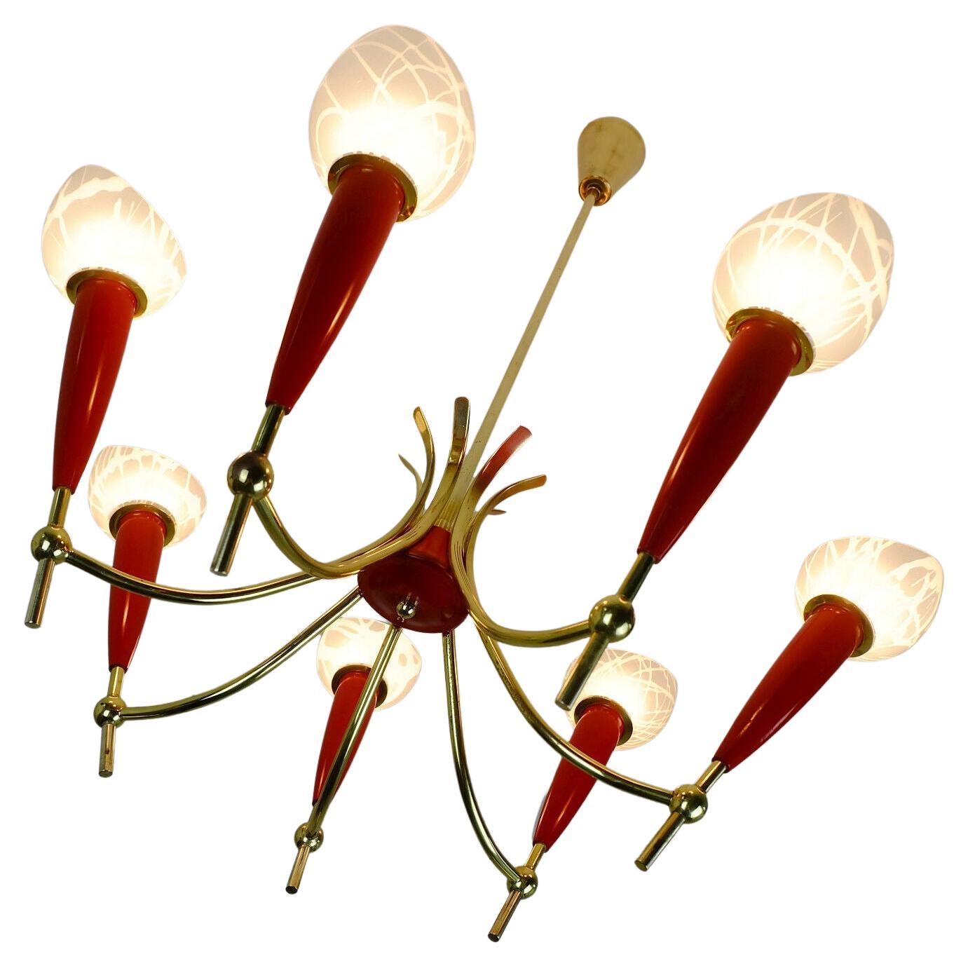 1950s Mid Century Pendant Light Brass 7 Glass Shades For Sale