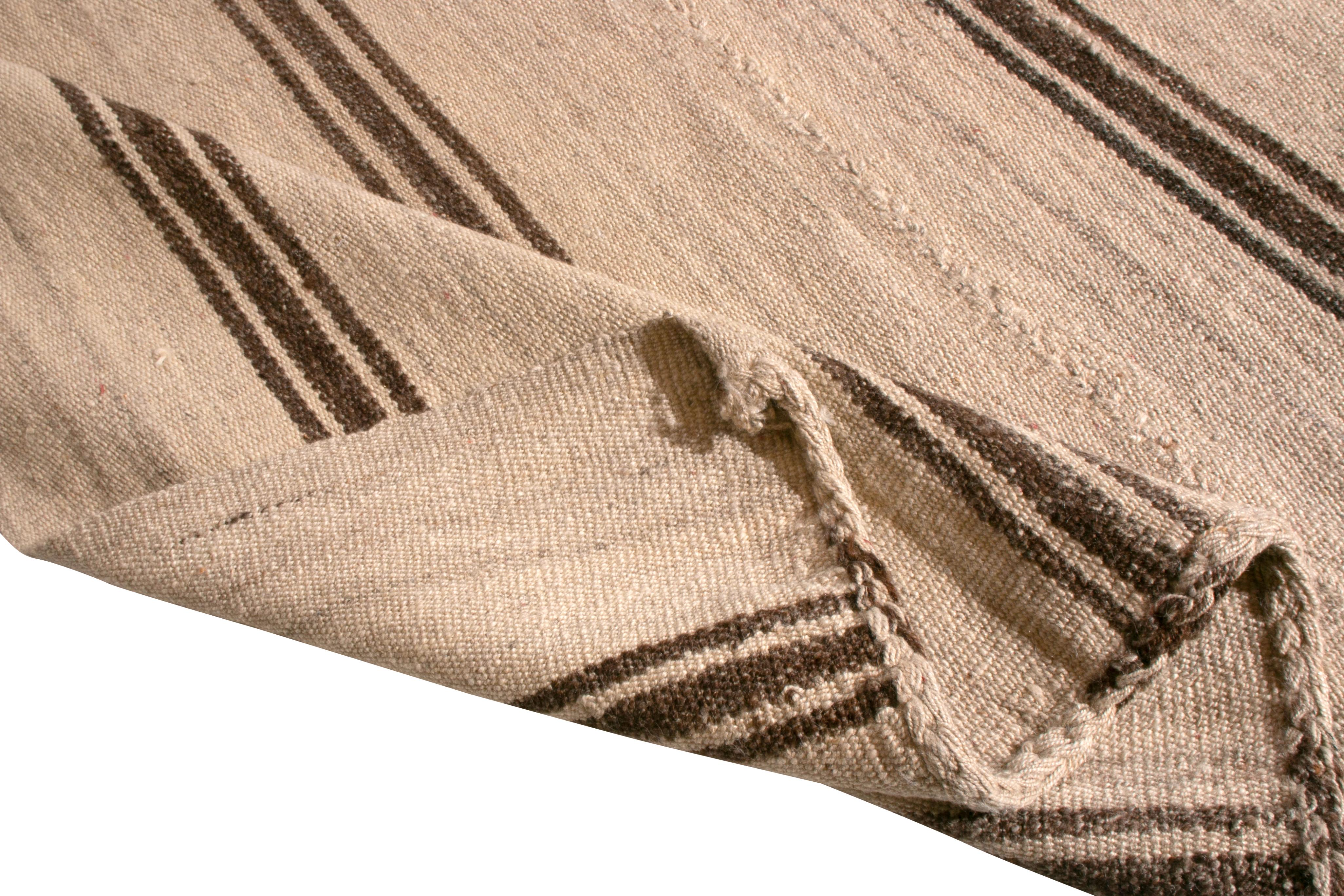 1950s Midcentury Persian Kilim Beige Brown Striped Vintage Flat-Weave In Good Condition In Long Island City, NY