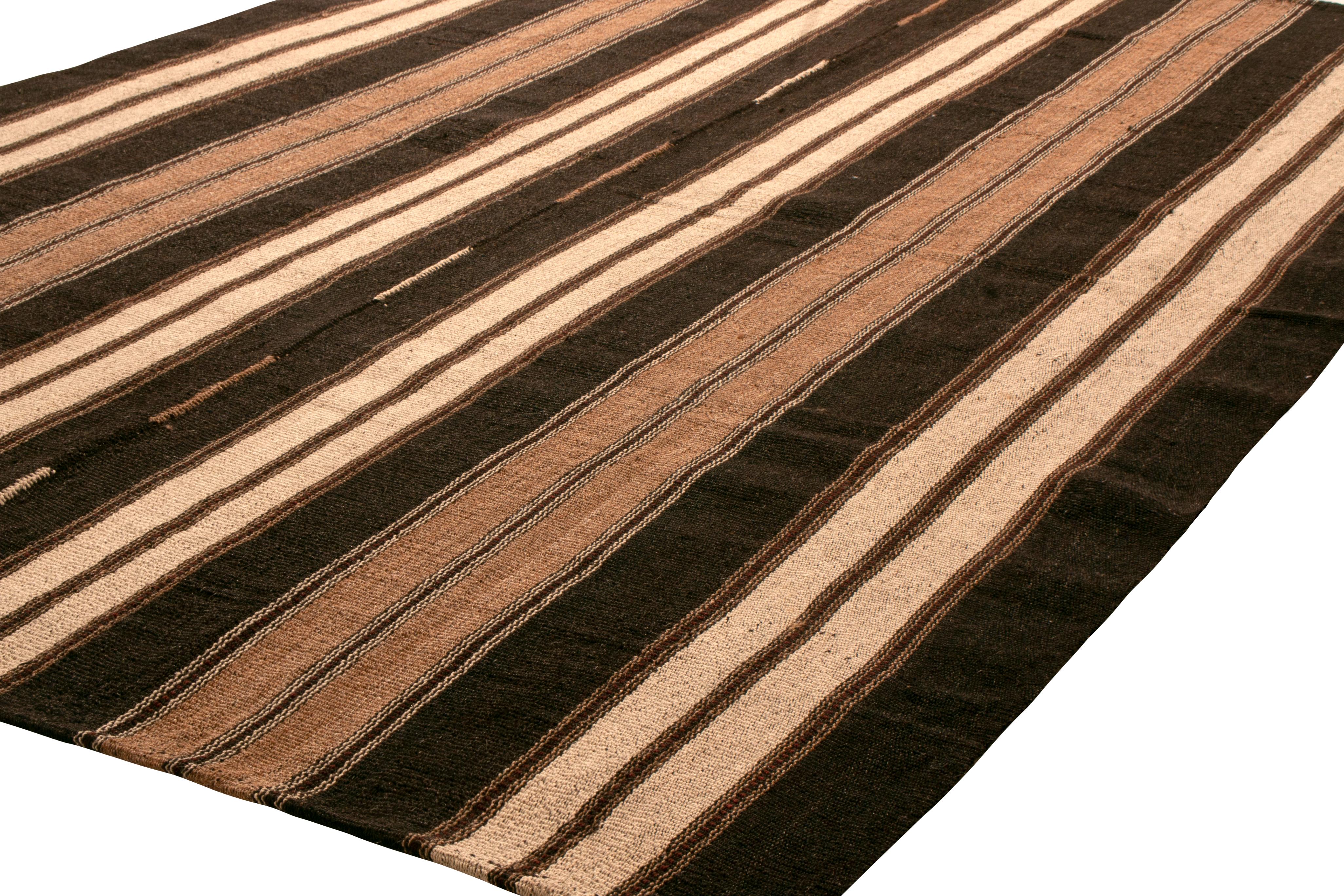 Hand-Woven 1950s Midcentury Persian Kilim Black and Beige-Brown Striped Flat-Weave