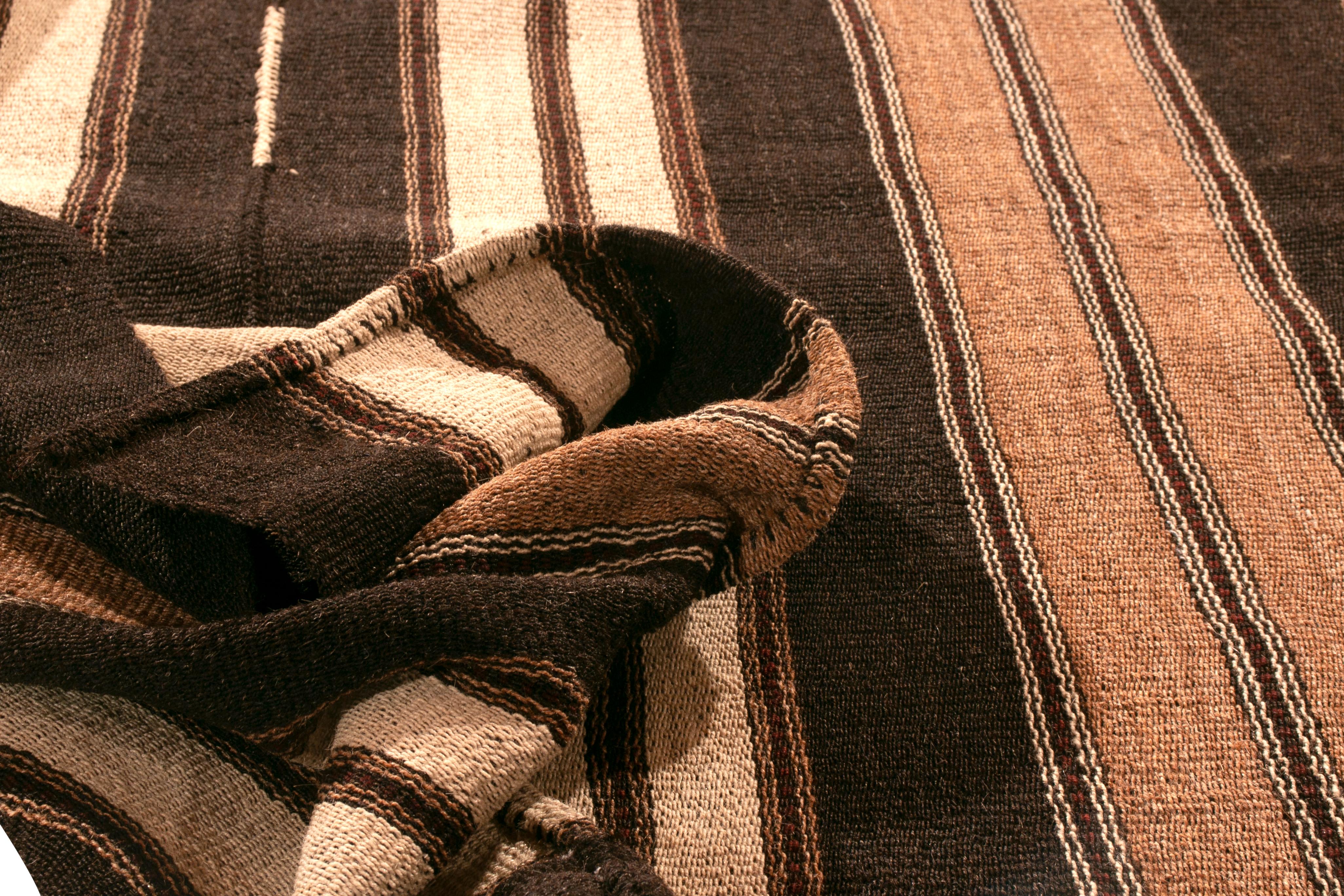 Mid-20th Century 1950s Midcentury Persian Kilim Black and Beige-Brown Striped Flat-Weave
