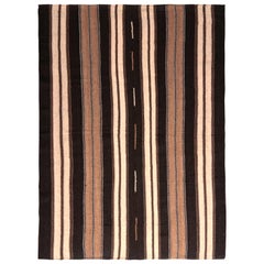 Vintage 1950s Midcentury Persian Kilim Black and Beige-Brown Striped Flat-Weave