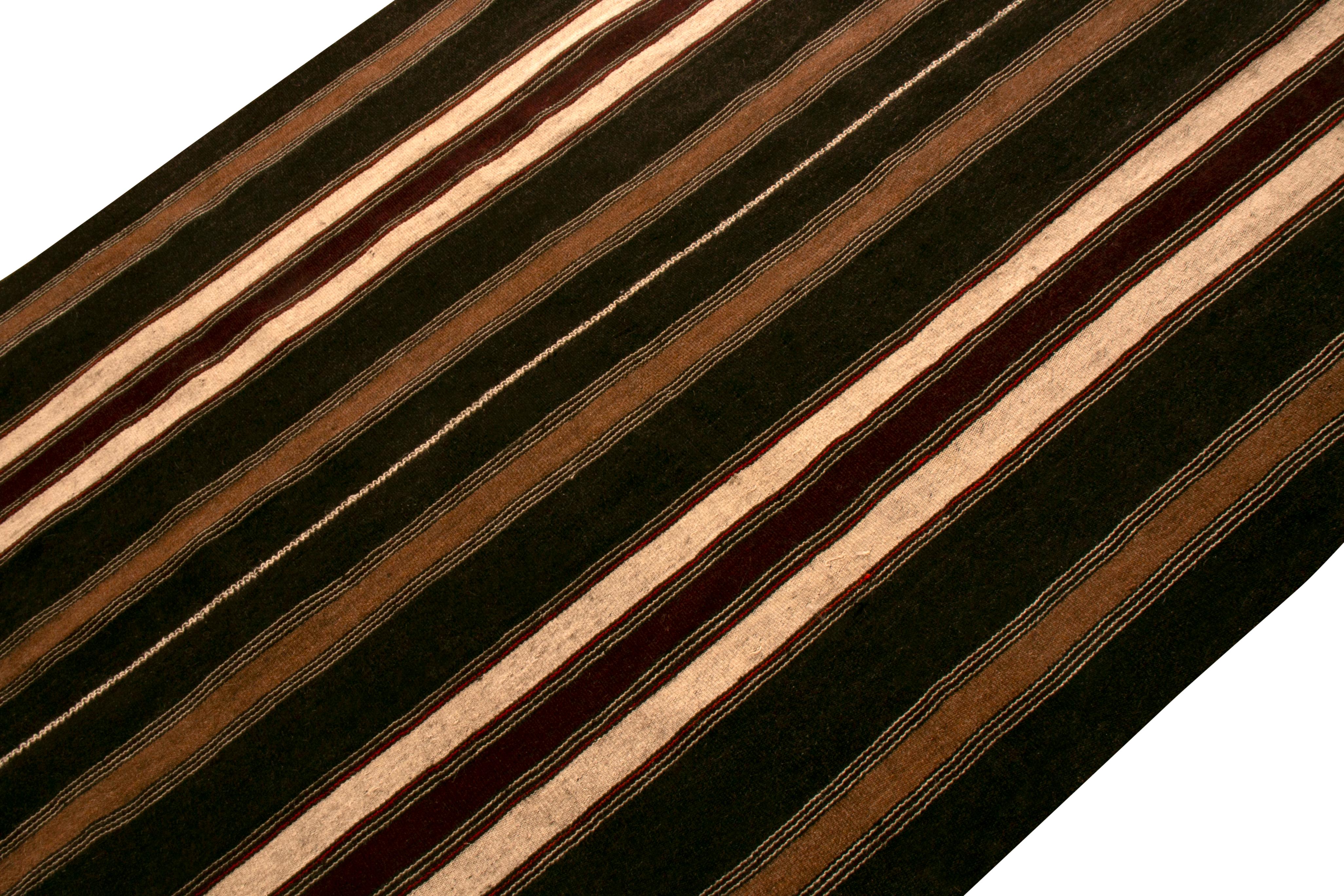 Hand-Woven 1950s Midcentury Persian Kilim Black and Beige-Brown Striped Vintage Flat-Weave
