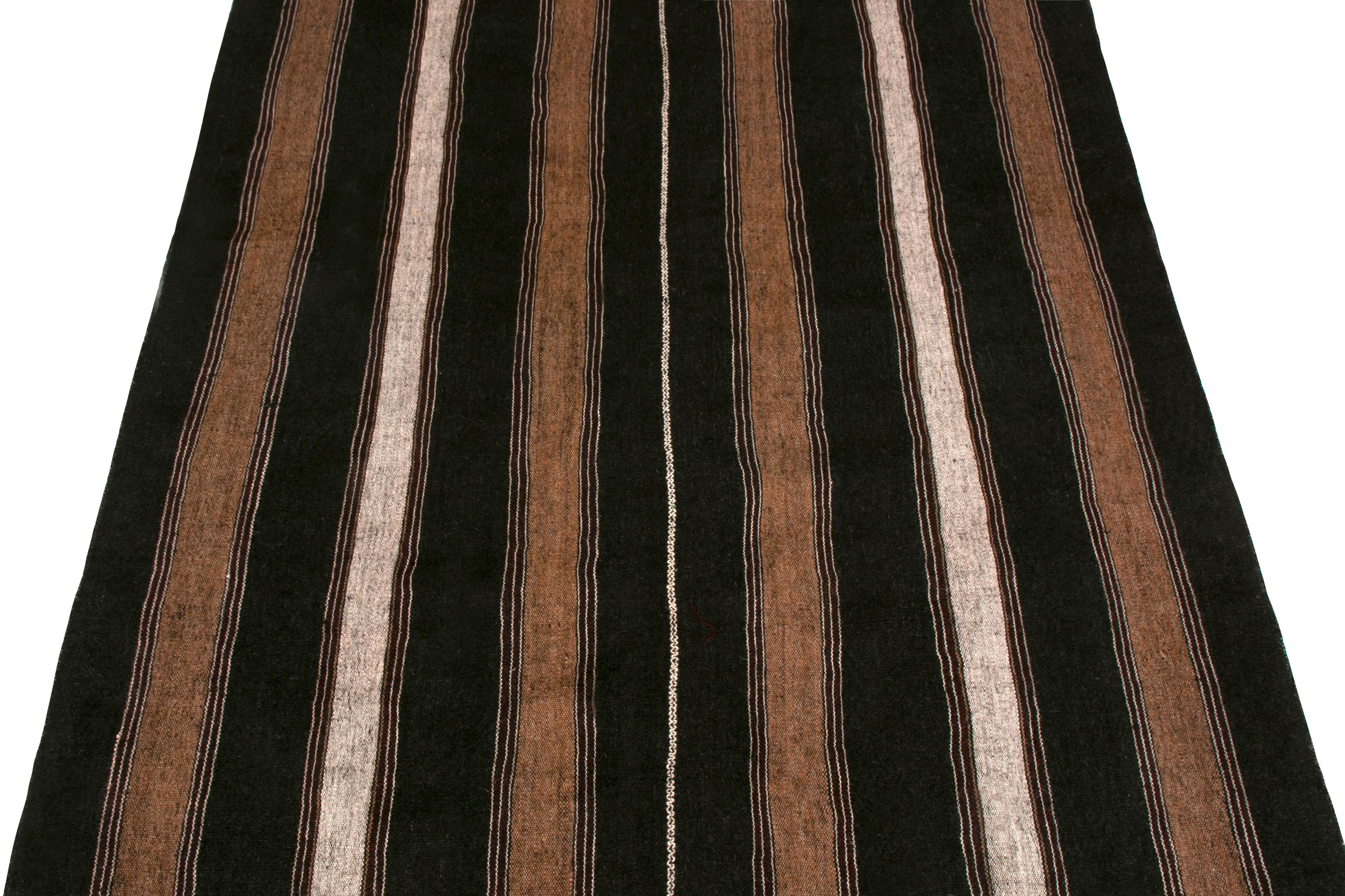 Hand-Woven 1950s Midcentury Persian Kilim Black and Beige-Brown Striped Vintage Flat-Weave