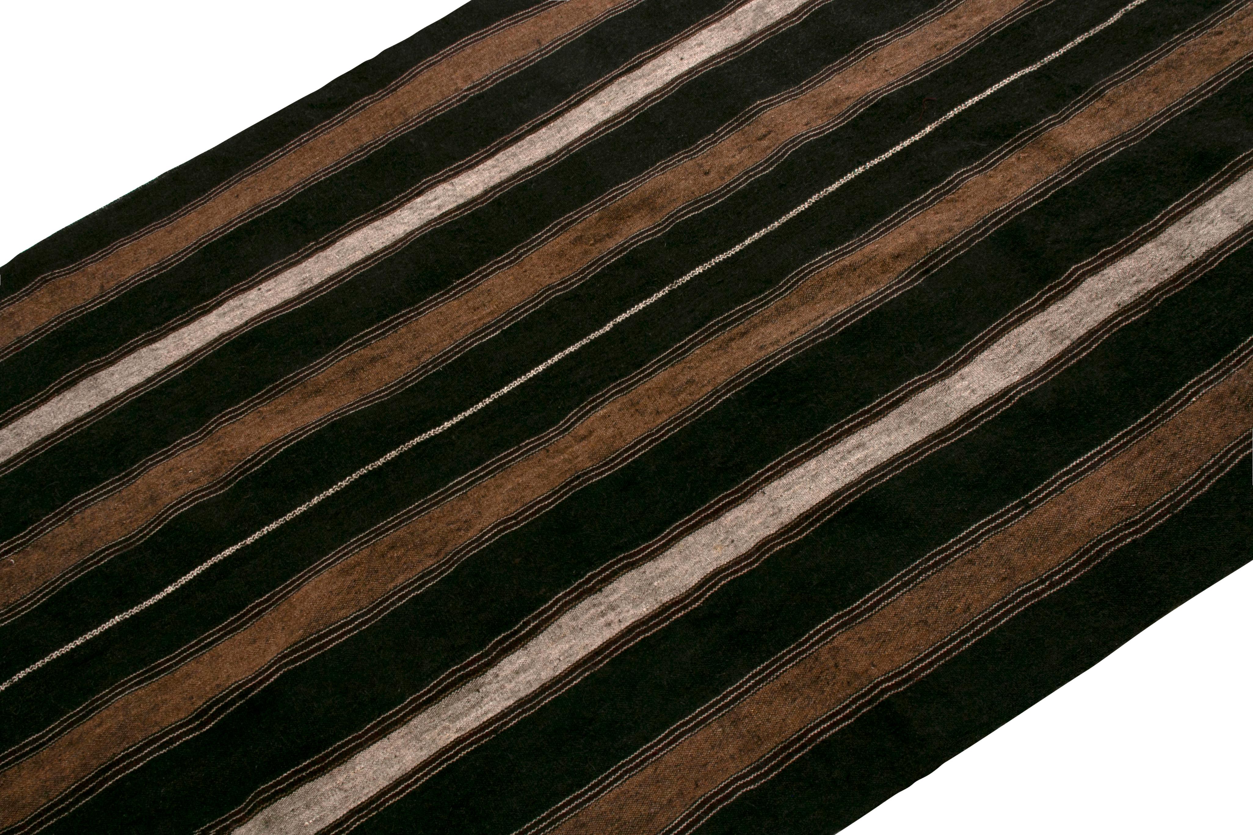 1950s Midcentury Persian Kilim Black and Beige-Brown Striped Vintage Flat-Weave In Good Condition In Long Island City, NY