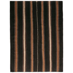1950s Midcentury Persian Kilim Black and Beige-Brown Striped Vintage Flat-Weave