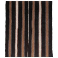 1950s Midcentury Persian Kilim Black and Beige-Brown Striped Vintage Flat-Weave
