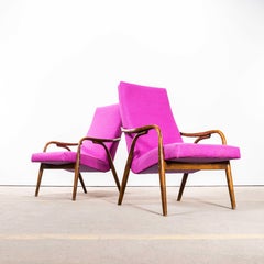 Fauteuils rembourrés rose du milieu du siècle 1950 avec accoudoirs droits et capuchons supérieurs