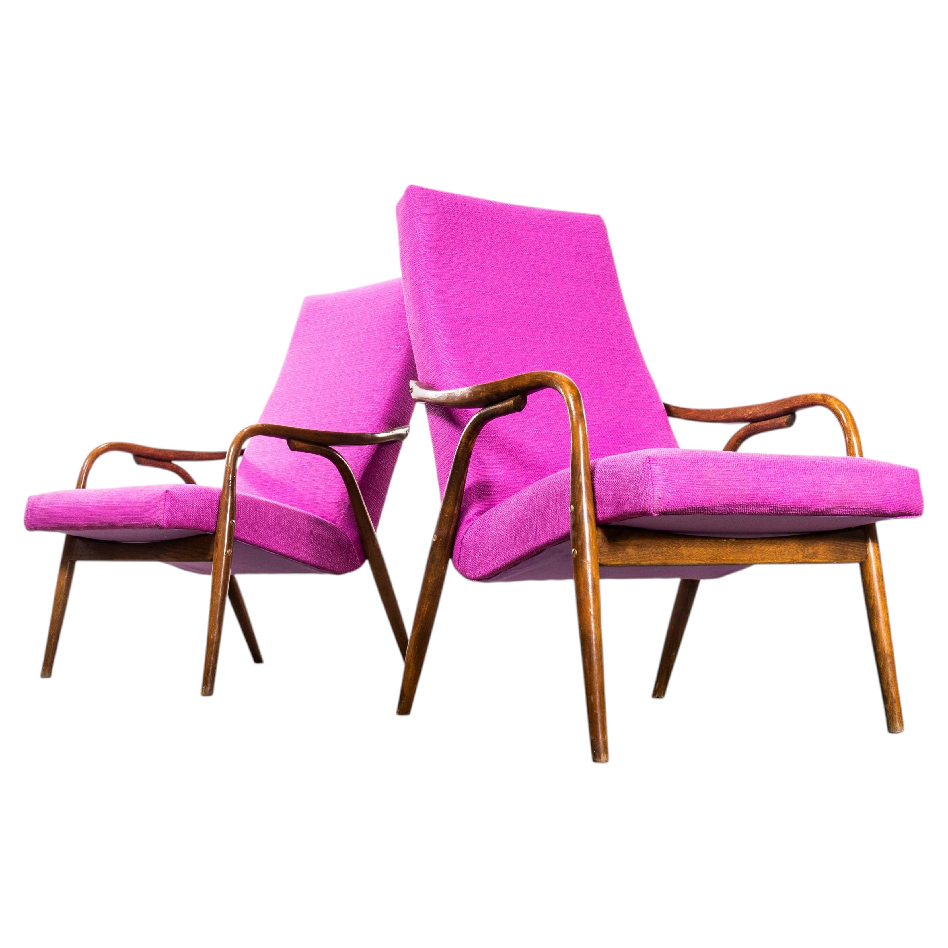 1950’s Mid Century Pink Upholstered Armchairs With Straight Arms and Top Caps