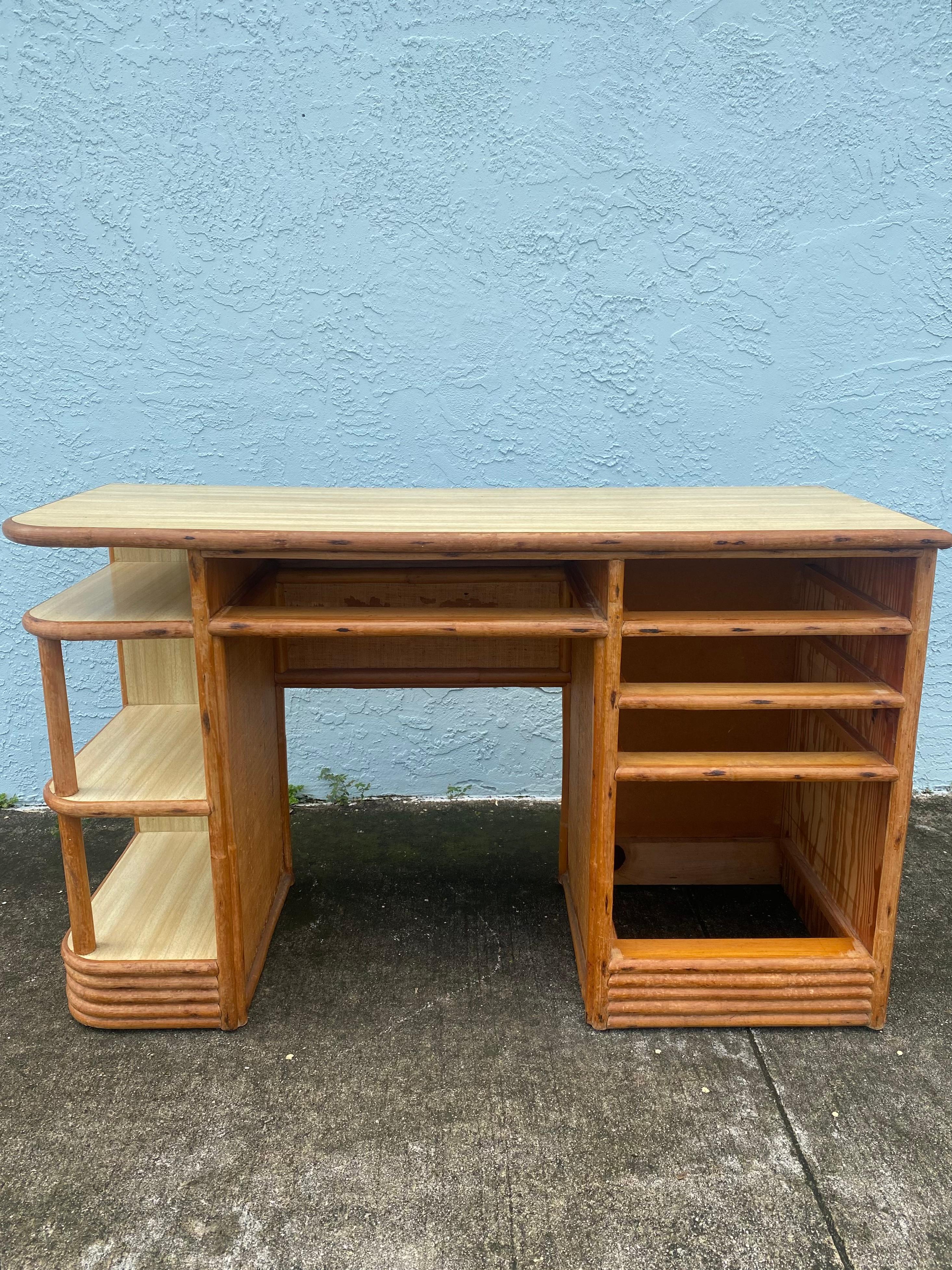1950s Mid Century Rattan Grasscloth Streamline Wood Desk For Sale 1
