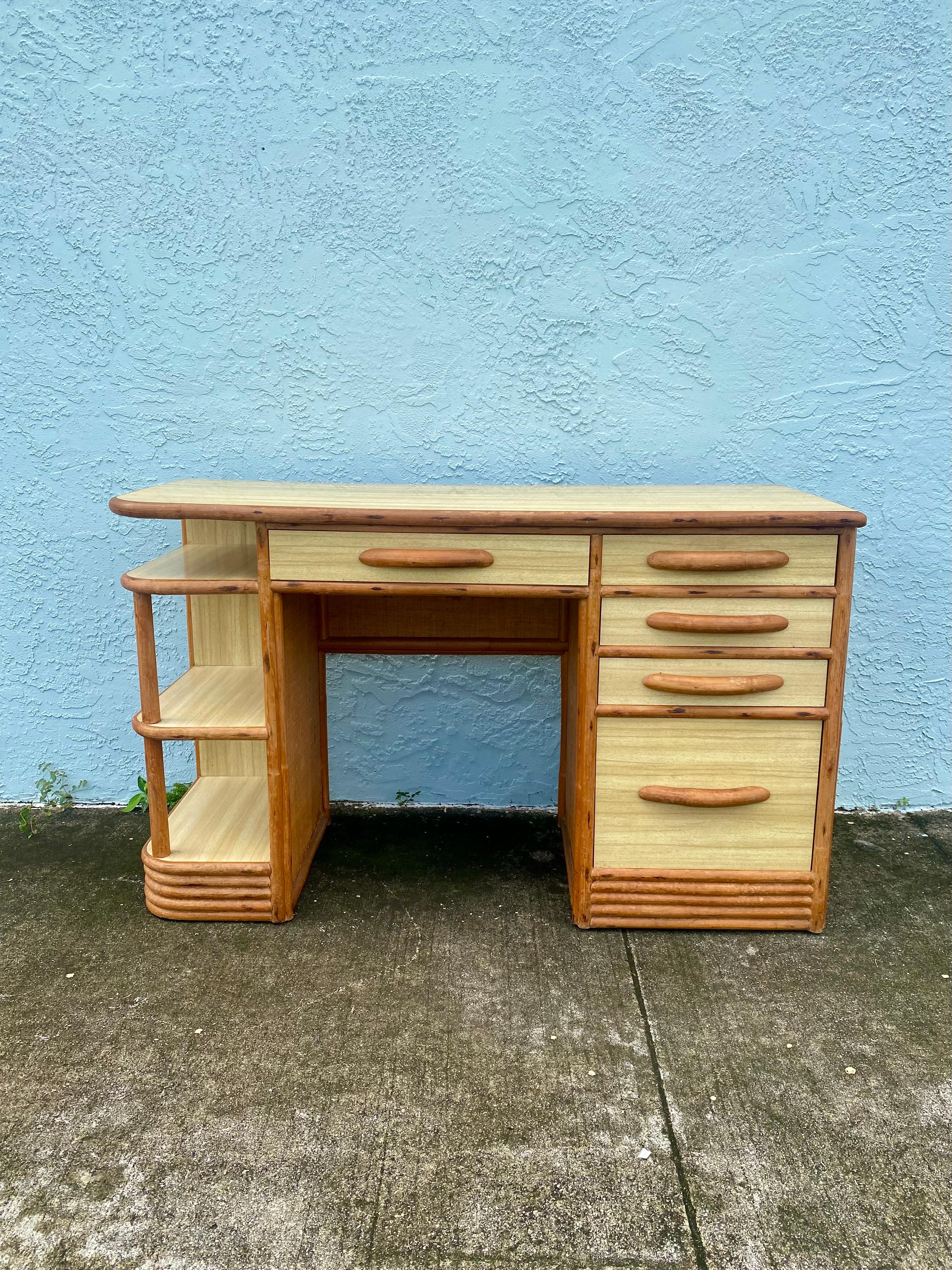 Mid-Century Modern 1950s Mid Century Rattan Grasscloth Streamline Wood Desk For Sale