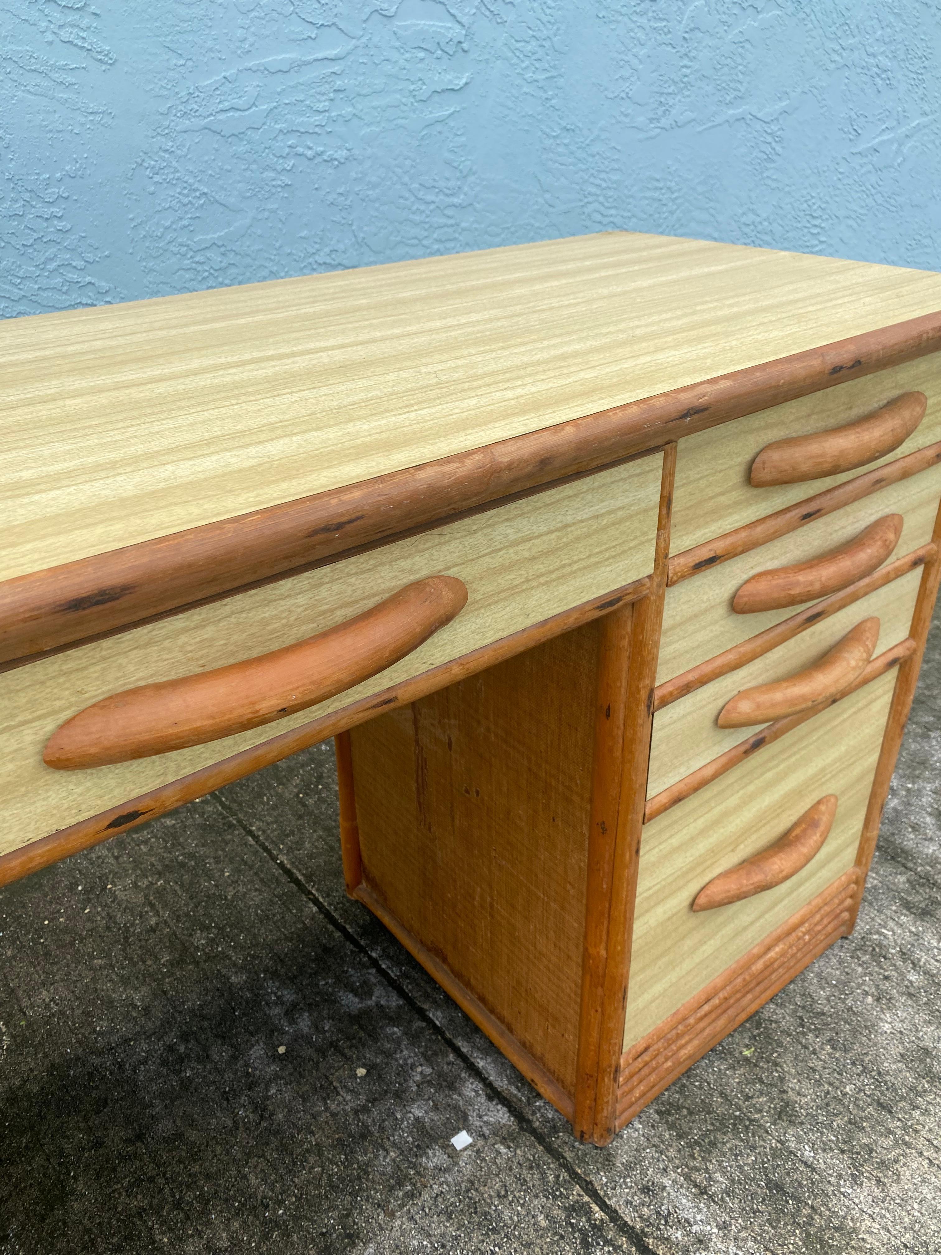 American 1950s Mid Century Rattan Grasscloth Streamline Wood Desk For Sale